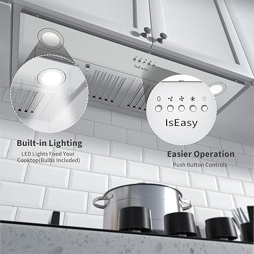 Miniatura 3 de IsEasy Campana extractora integrada de 30 pulgadas, 900 CFM, campana de ventilación de cocina con filtros deflectores de acero inoxidable, campana