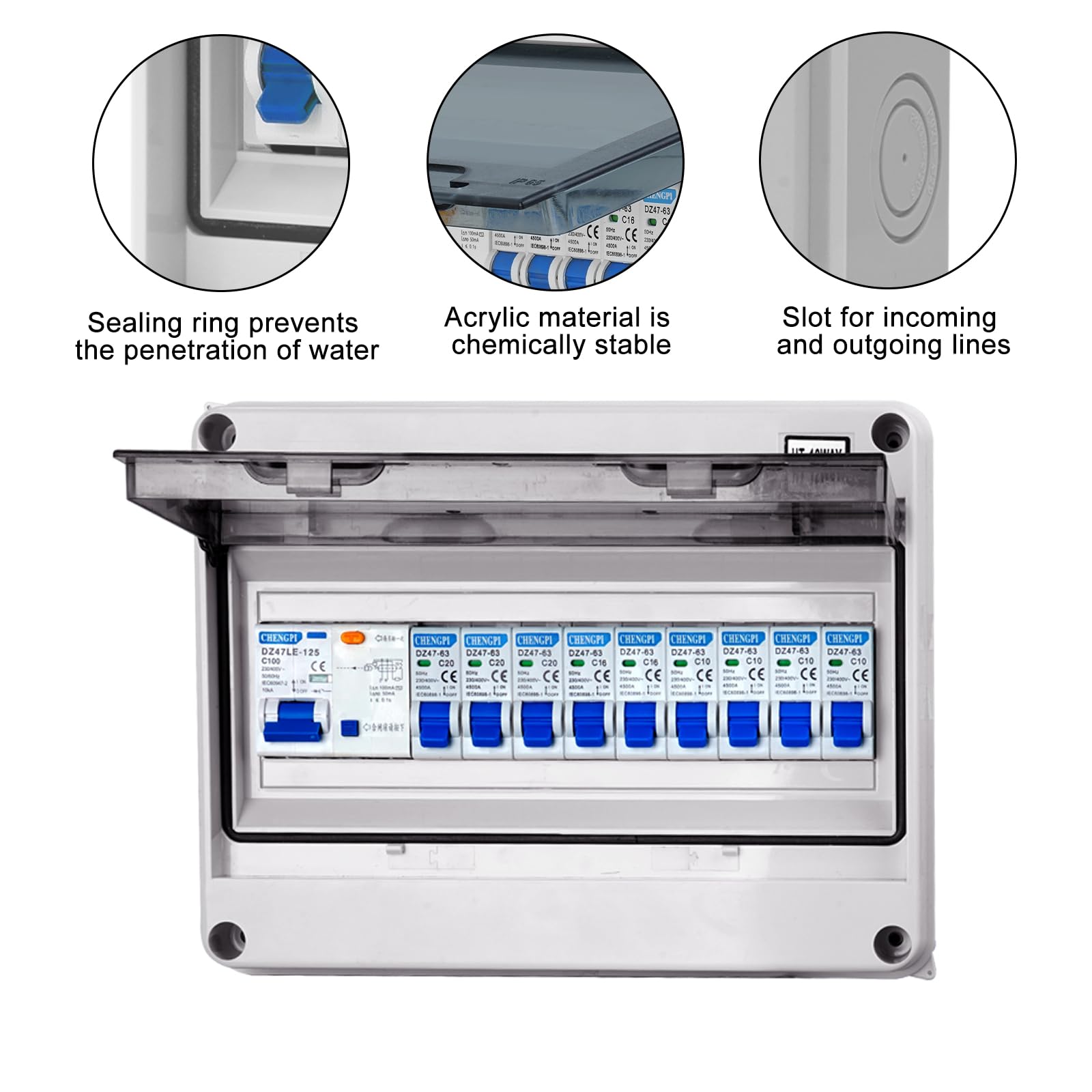 Caja de fusibles, IP65, distribuidor pequeño distribuidor, caja de distribución para casa/oficina/centro comercial, disyuntor de 100 A, interruptor de aire, 4 x 10 A+3 x 16 A+2 x 20 A/12