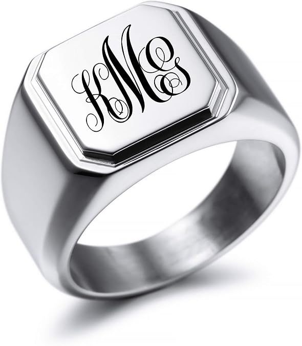 MeMeDIY Personalized Engraved Initial Monogram Signet Ring for Men Women Customize Stainless Steel Wedding Letter Rings Jewelry Bundle with Ring Size Adjusters