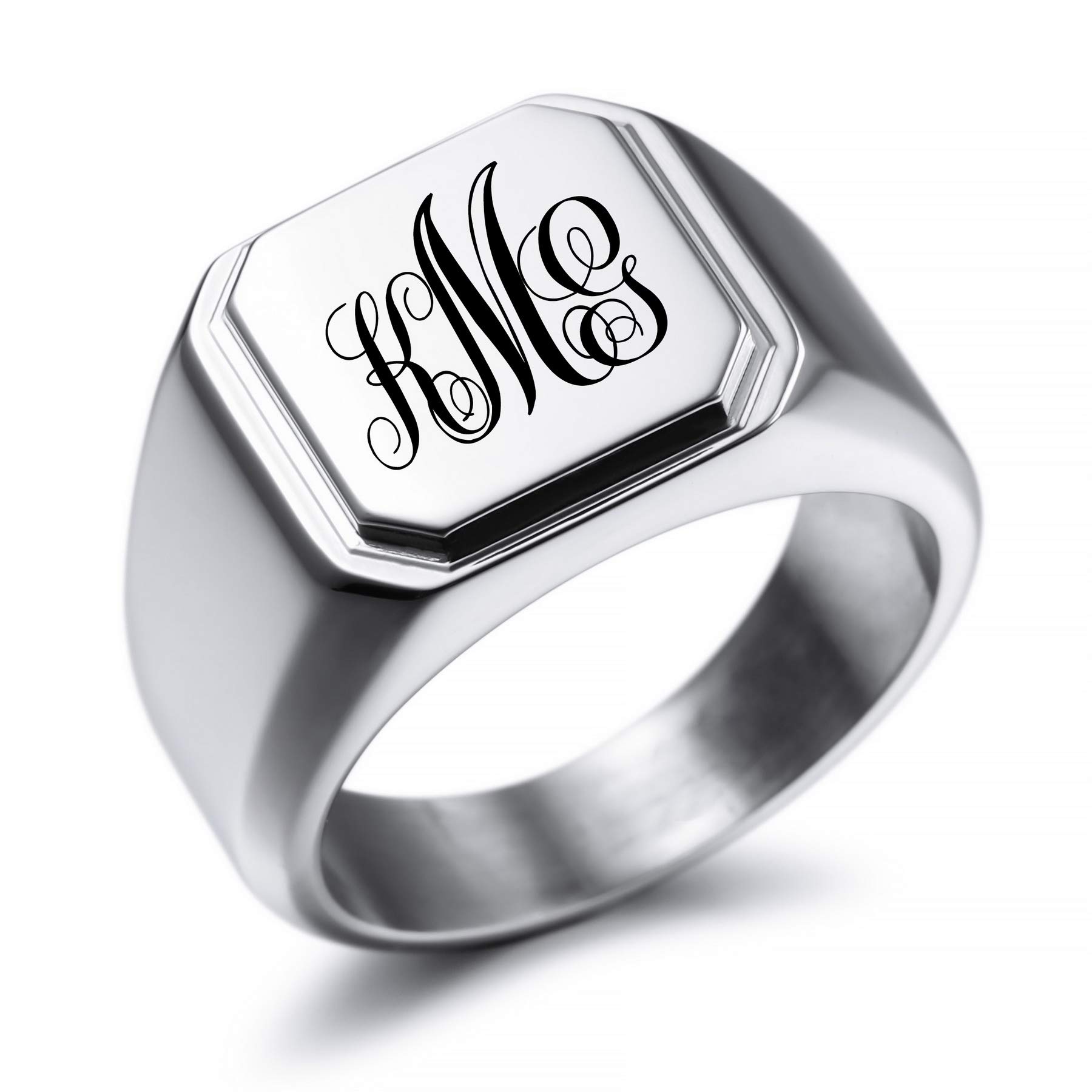 MeMeDIY Personalized Engraved Initial Monogram Signet Ring for Men Women Customize Stainless Steel Wedding Letter Rings Jewelry Bundle with Ring Size