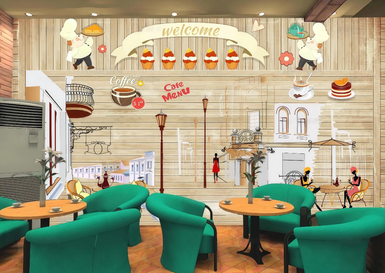 XDOUBAO Wallpaper Fashion Wooden Board Hand-Painted Baked Cake Western Pastry House Afternoon Tea Western Restaurant Background Wallpaper Coffee Shop Mural,3D,150x105cm
