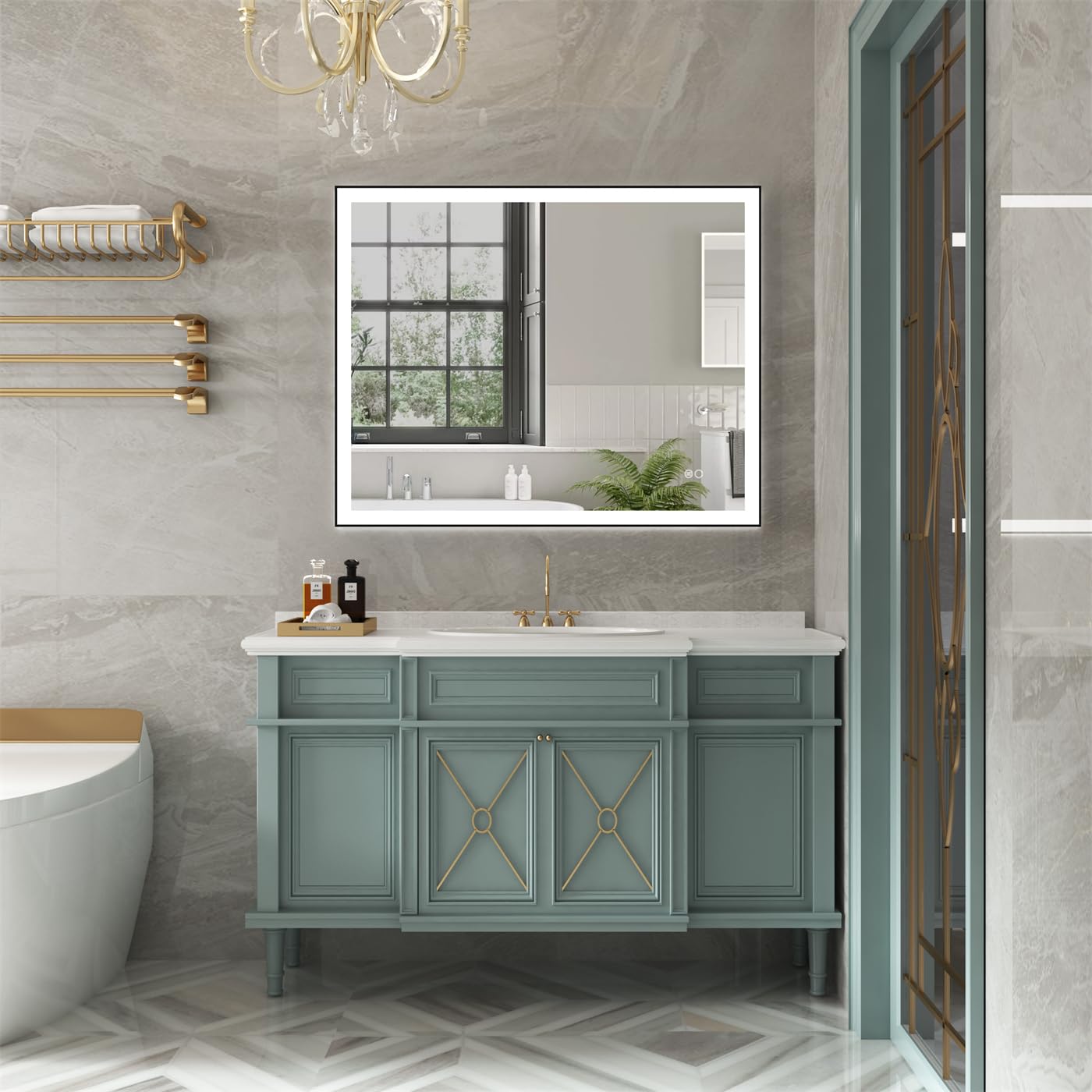 WELLFOR 40 x 32 Inch Wall-Mounted Framed Bathroom Vanity Mirror, Led Bathrrom Mirror, Smart Mirror with Lights for Bathroom, Dimmer Defogger Included, Vertical/Horizontal Installation, Matte Black