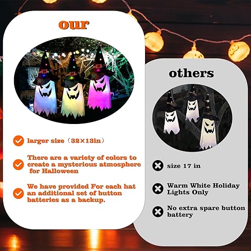 Miniatura 4 de Decoraciones de Halloween al aire libre, 3 piezas de gran tamaño colgante iluminado brillante fantasma bruja decoración con cadena de luces para