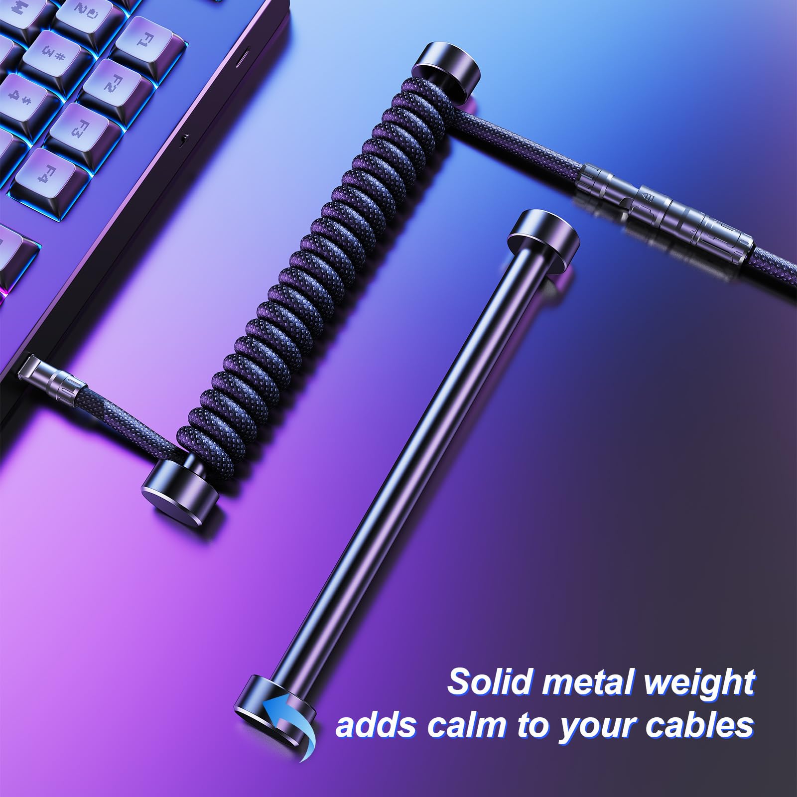 Cable de teclado en espiral mixto, USB C a A, nailon trenzado para teclado mecánico de juegos con conector de aleación de zinc, bloqueo de un solo toque y barra pesada, soporta teclado