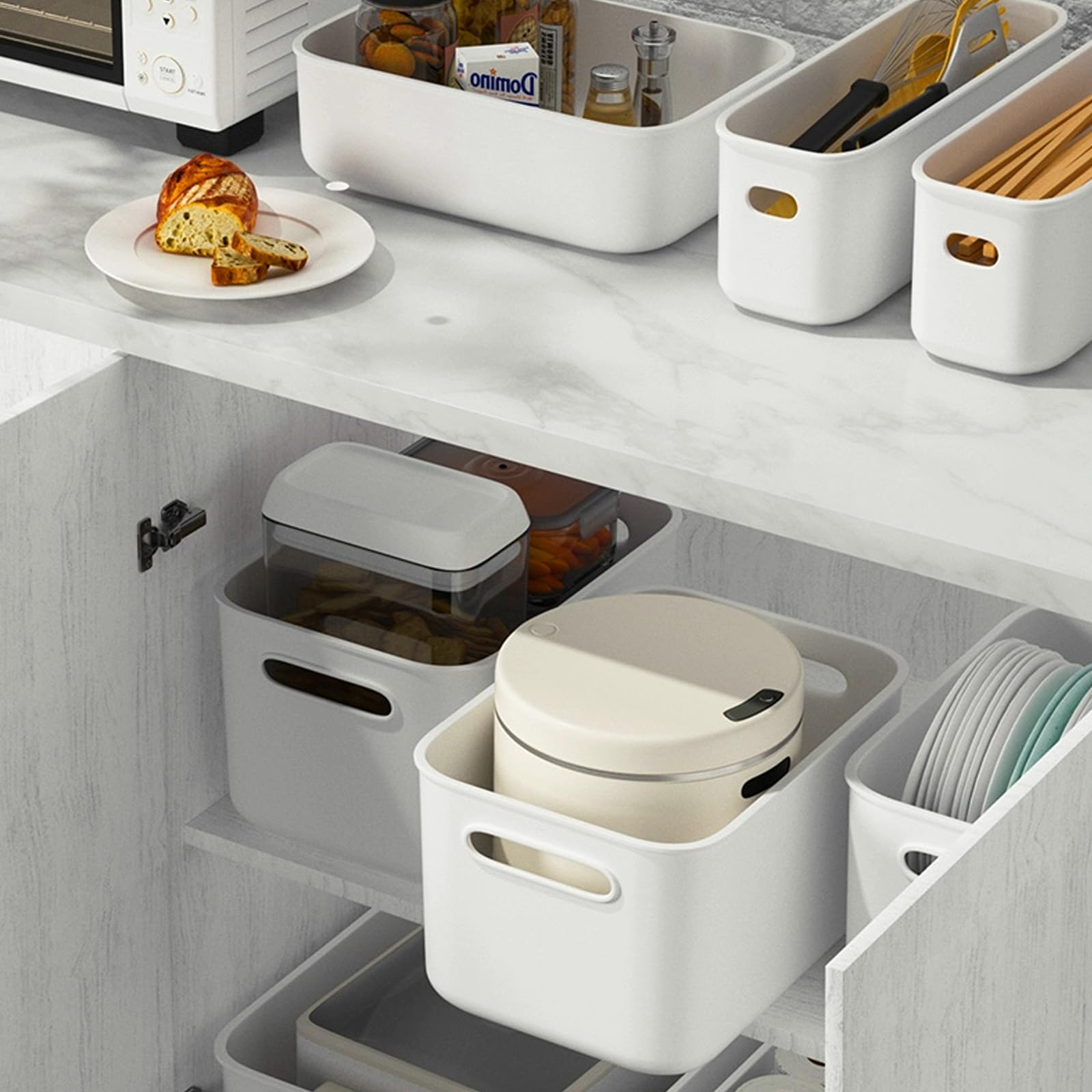 YOUNTHYE 4 cestas de almacenamiento de plástico, cajas de almacenamiento de plástico de 25 x 18 x 15,6 cm con tapas y asas, cajas de almacenamiento apilables de 6,5 L para cocina, estantes de baño