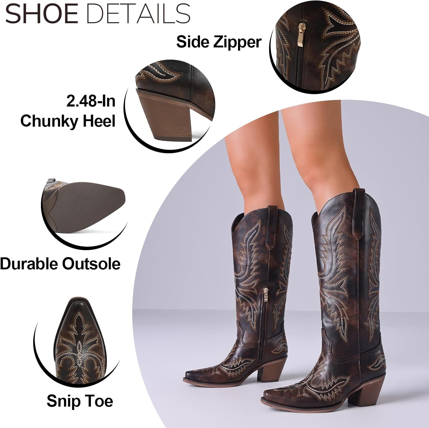 Tscoyuki Cowboy Boots for Women Comfortable Cowgirl Boots Knee High Western Tall Boots with Vintage Embroidery, Chunky Heel, Side Zipper, Snip Toe, Pull On Taps