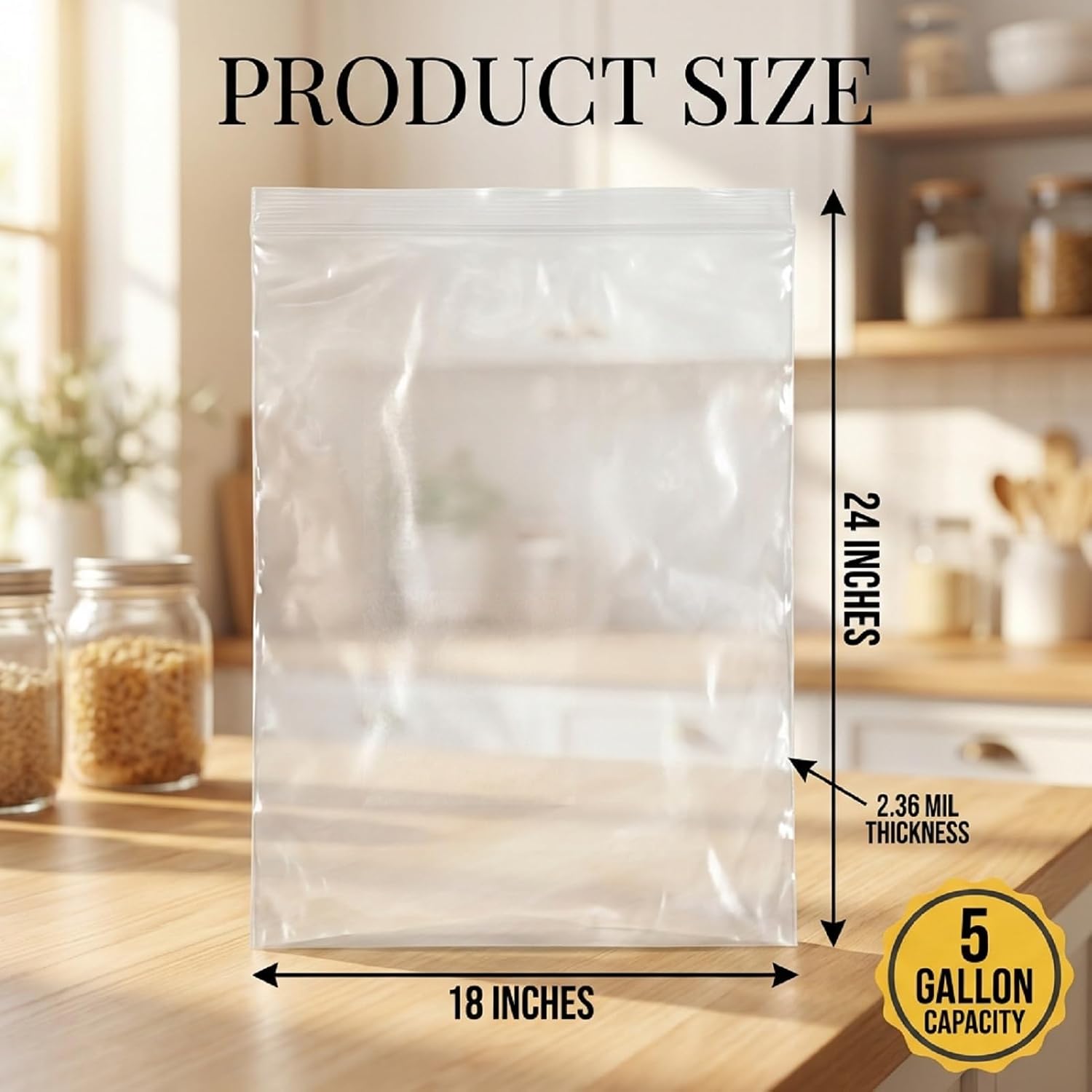 60 Pack Large 5 Gallon Zippered Plastic Storage Bags - 18x24 Inches, 2.36 mil Thick, Clear Reclosable Freezer Bags for Clothes, Travel, Moving & Storage, BPA-Free