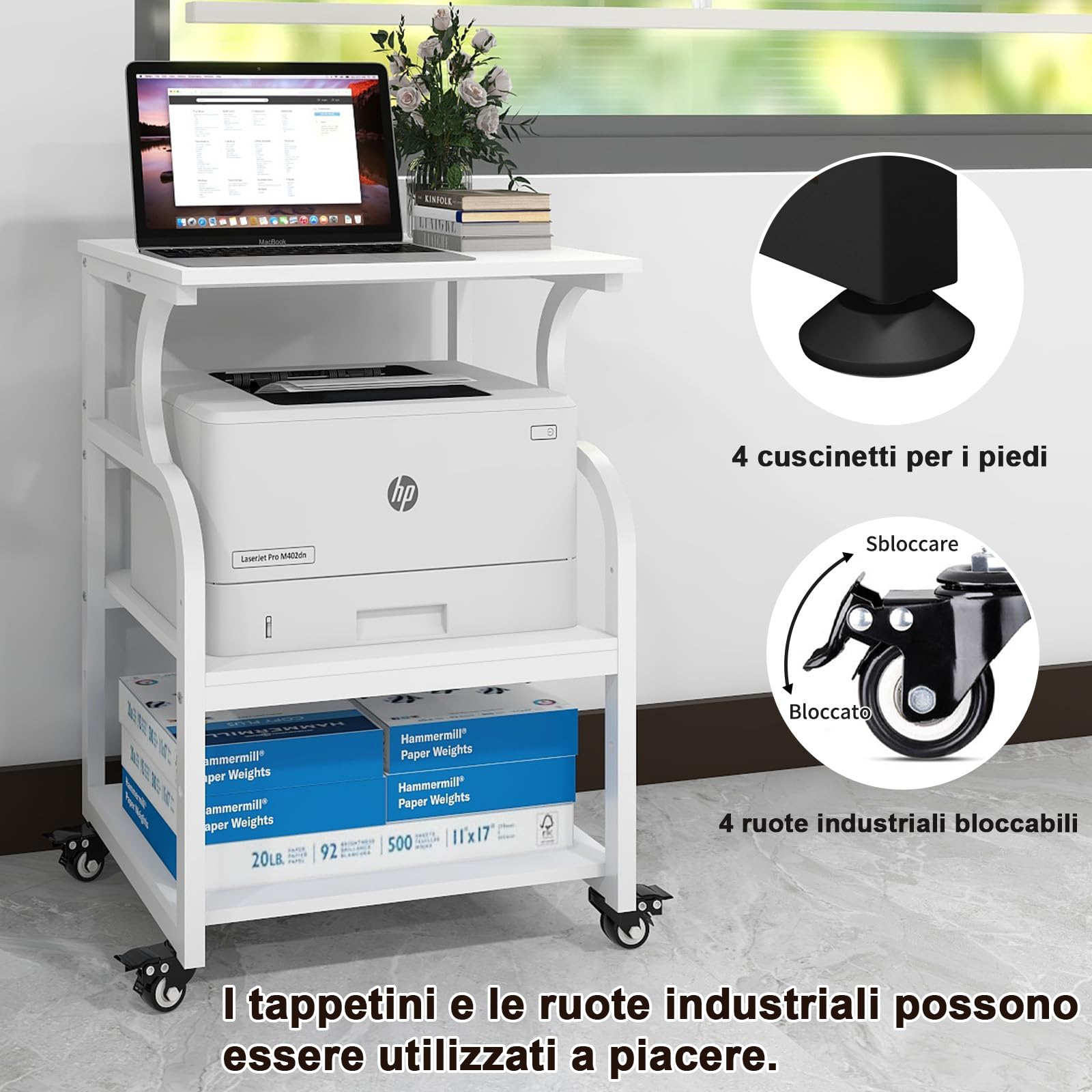 PUNCIA Supporto per Stampante 60x50CM Scaffale per Stampante in Legno Tavolino con Ruote per Documenti Mobiletto per Fotocopiatrice 3D Carrello per Scanner Fax per Ufficio e Casa (Bianco)