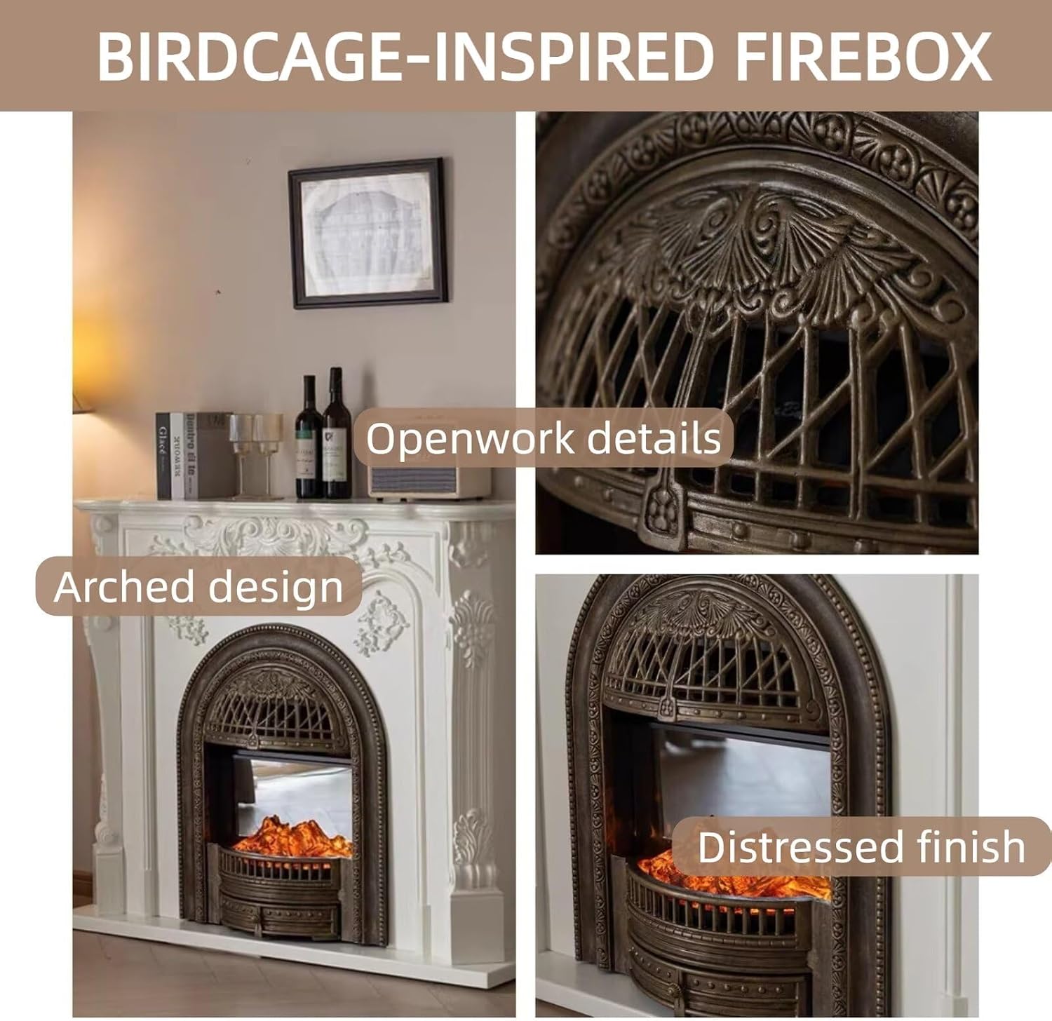 Electric Fireplace - Freestanding Electric Fireplace Heater with Mantel Includes Faux Birdcage, Tall TV Stand with Real Flame Insert & White Carving for Living Room (59IN)