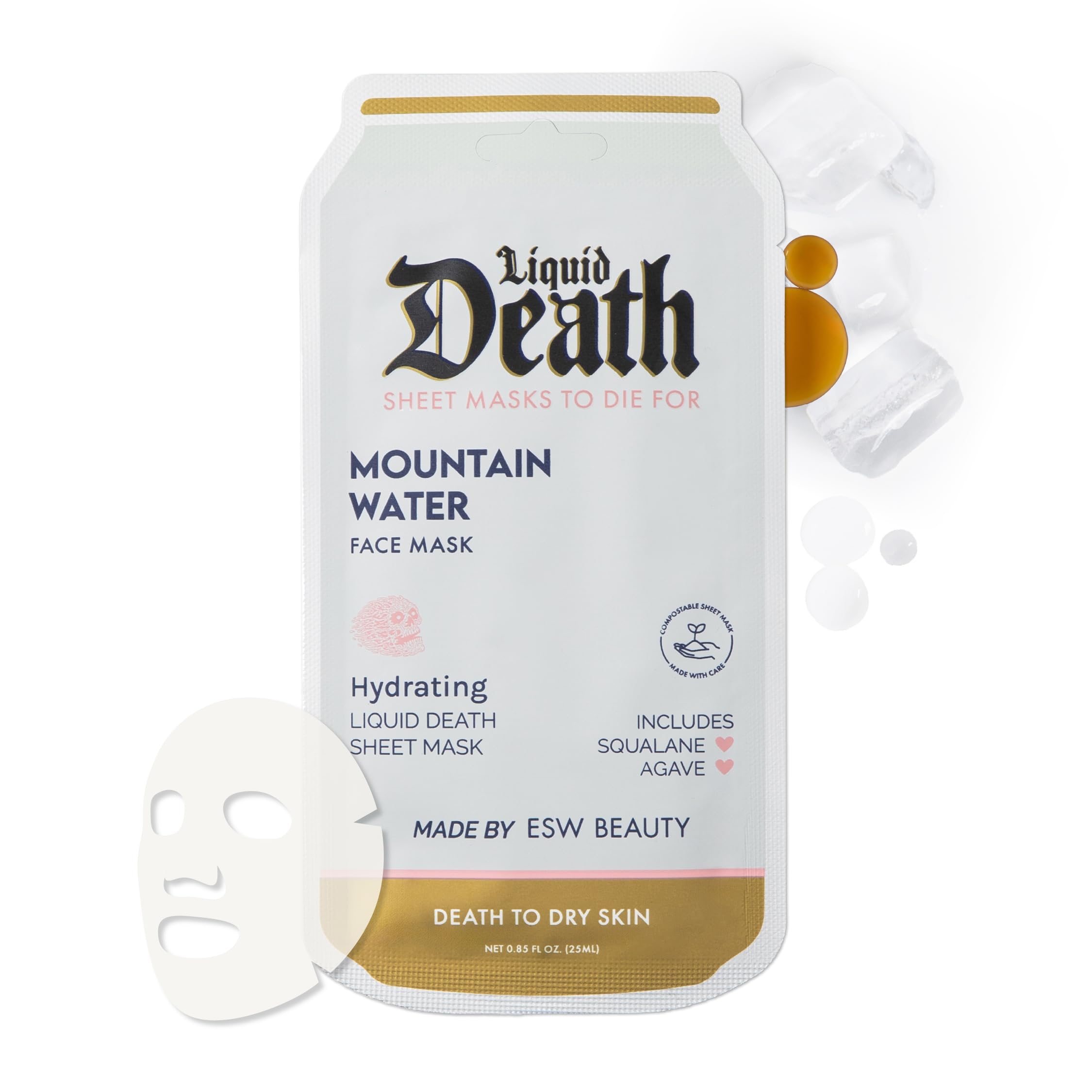 ESW Beauty Liquid Death Limited Edition Mountain Water Face Mask Hydrating Sheet Mask with Aloe Agave Green Tea