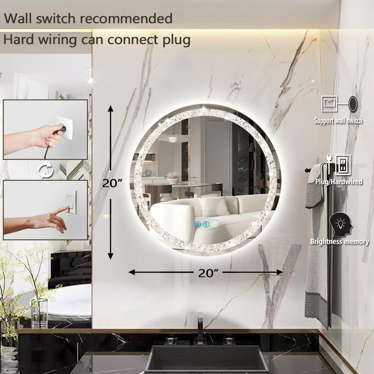 THEKLA Crystal Round Lighted Mirror for Bathroom Makeup Wall Mounted 20 inch Crystal Round Vanity Mirror with Lights Smart Memory 3 Color Dimmable AntiFog 20" Diamond Circle LED Light up Mirrors