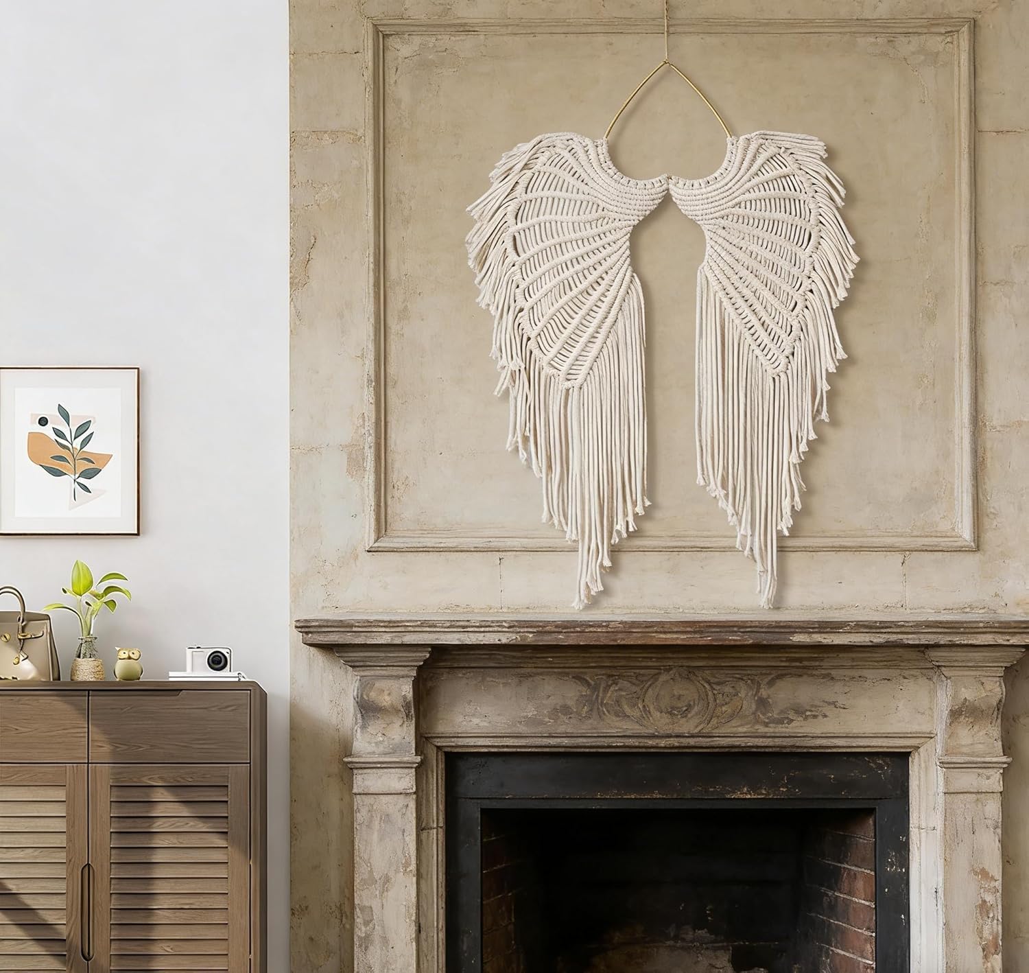 seebemxx Angel Wings Wall Decor, Macrame Wall Hanging Tapestry, Woven Boho Tapestry with Long Tassels, Bohemian Cotton Handmade Home Decor for Wedding, Living Room, Bedroom