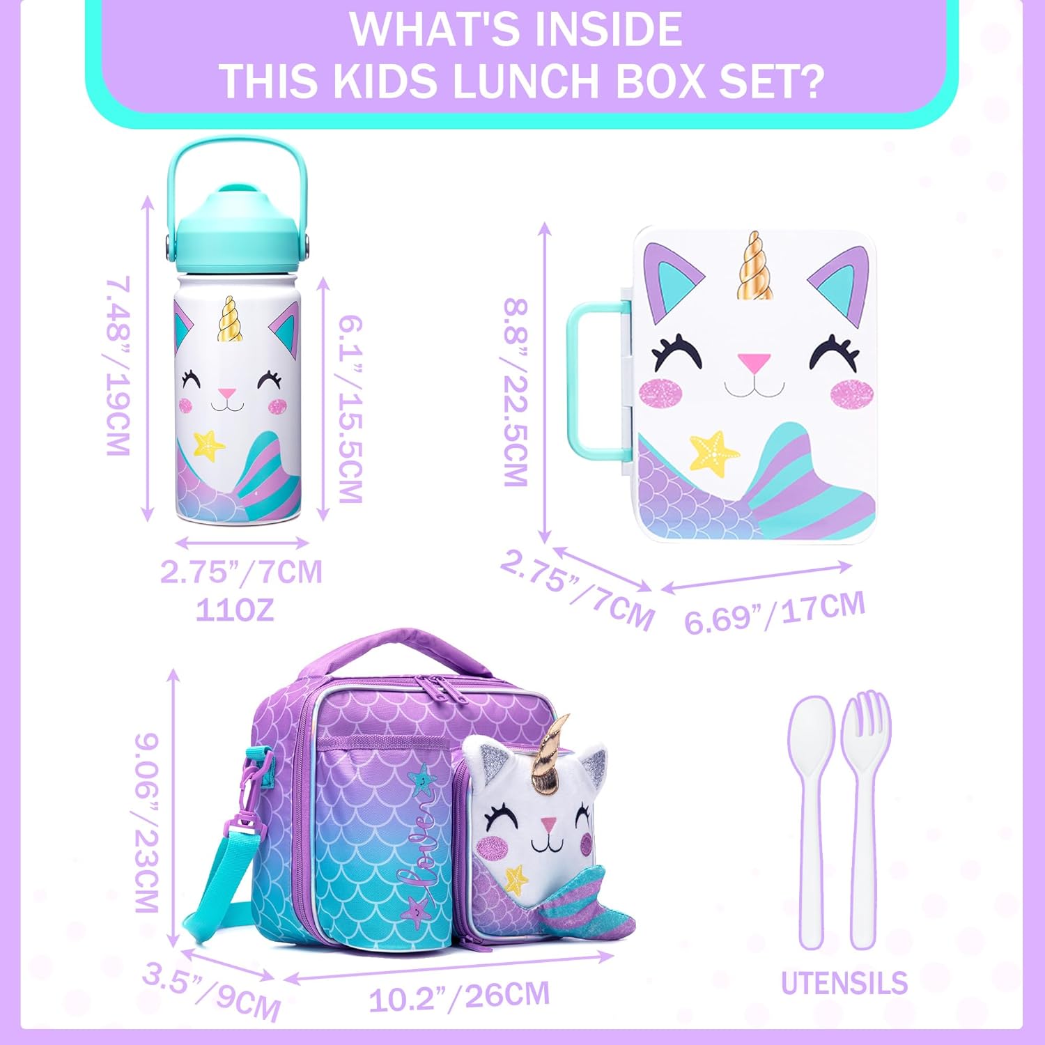 Unicorn Lunch Box for Girls Bento Box for Kids with Ice Pack,Stainless Steel Water Bottle Set Utensils Set Food Container for School Girls Kids Back to School Supplies - Image 2