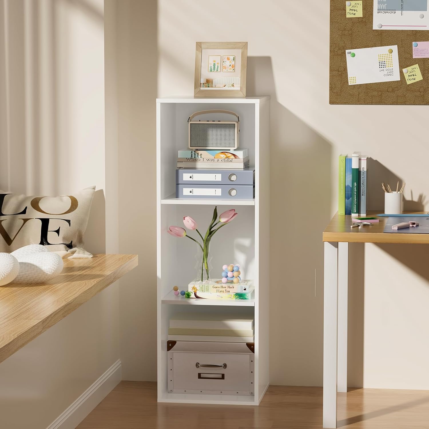 3 Tier Bookshelf, Narrow Bookcase for Small Spaces, Wooden Book Case Bookshelves Storage Organizer for Bedroom Living Room Home Office (White, 3 Cube)