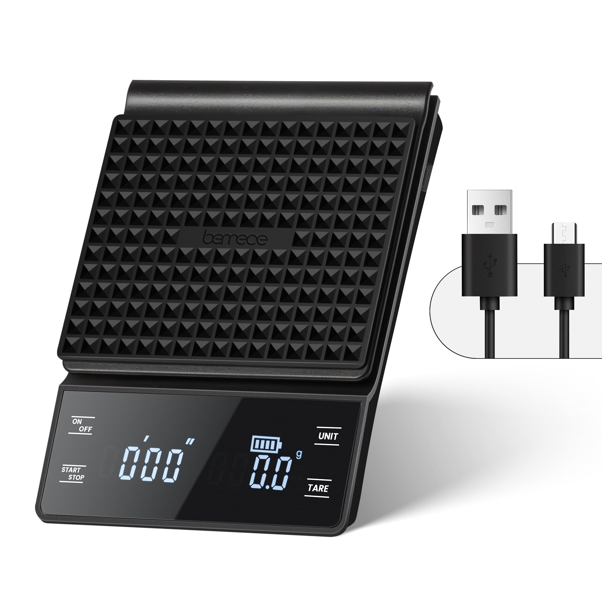 bemece USB Wiederaufladbare Kaffeewaage mit Timer | Hochpräzise 3KG/0,1g Espresso Waage, mit Großem Display für Espresso und Filterkaffee, Schwarz - M