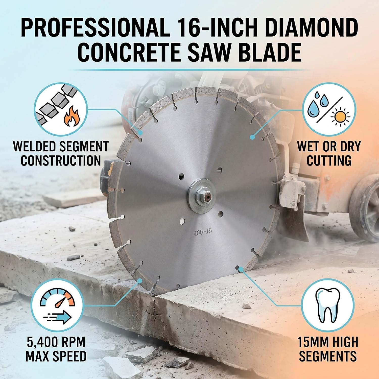 Fafeicy 16 Inch Concrete Saw Blade, Segmented Welded Design for Wet Dry Cutting, 2 Inch Arbor for Brick Stone Block
