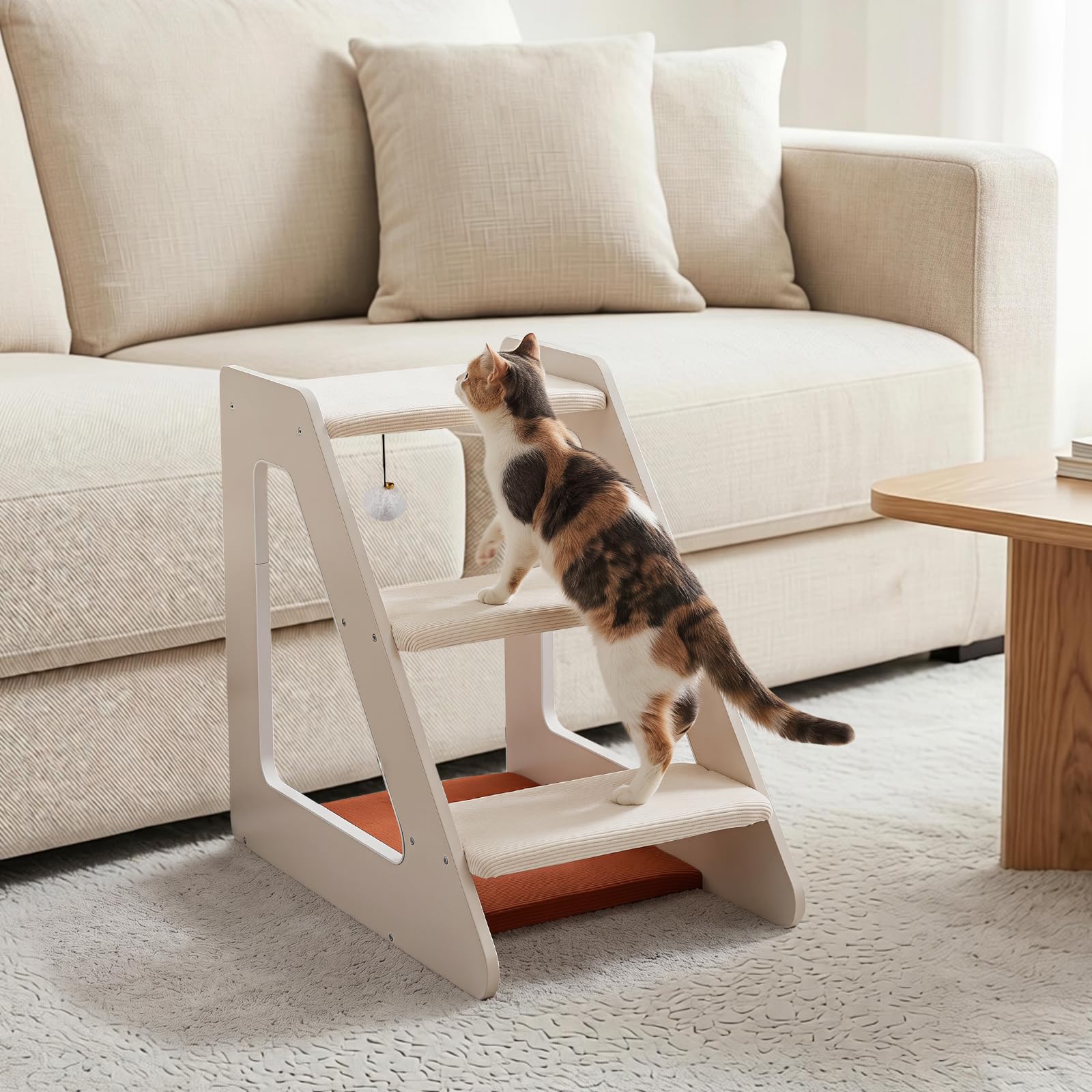 COSTWAY Scaletta a 3 Gradini per Gatti di Piccola Taglia, Scala per Cani | Pedana Antiscivolo in Legno con Trespolo e Pompon, Rampa con Superficie Imbottita di Spugna, per Salire a Letto o Divano