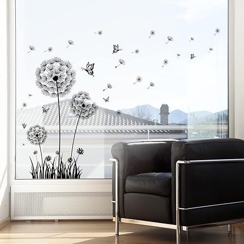 Miniatura 5 de BASHOM BS-105 Calcomanías de pared de diente de león negro flor voladora mariposas calcomanías para sala de estar, dormitorio, cuarto de bebé, baño,