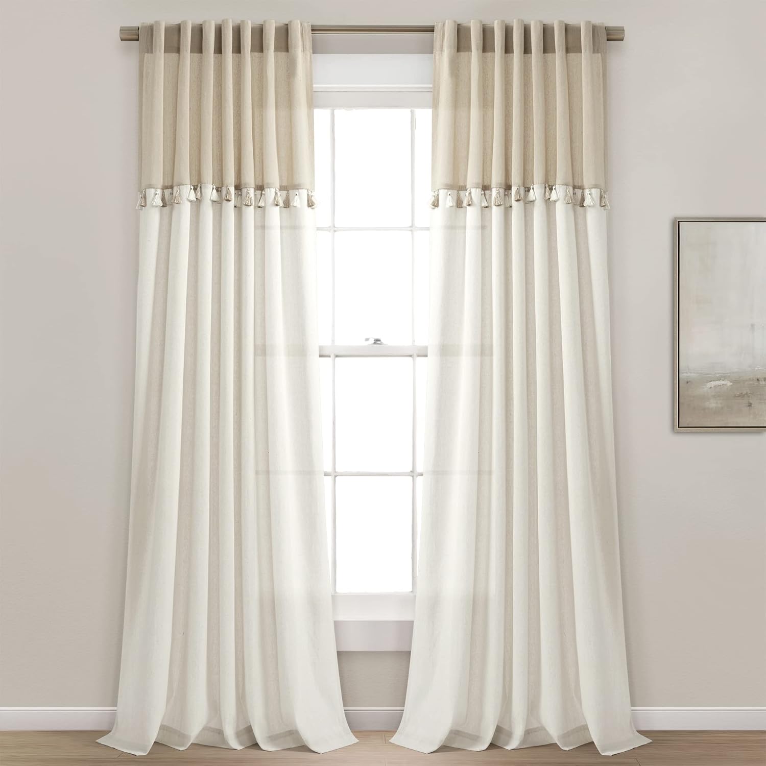 Lush Decor Boho Faux Linen Tassel Color Block Window Curtain Panel Pair 42" W x 84" L Linen & Off White - White Curtains for Bedroom Or Living Room