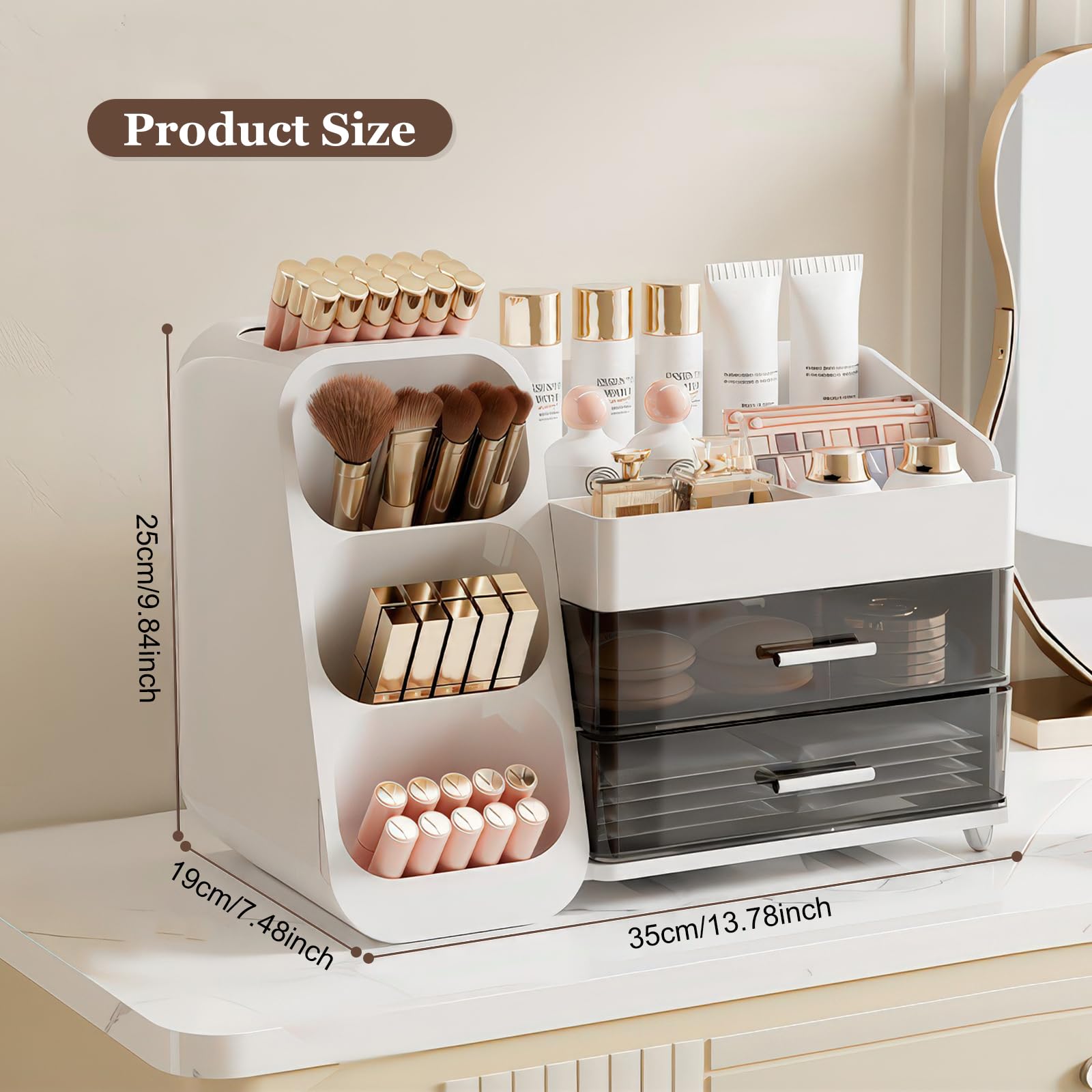 FoiiLiio Make Up Organizer per Cosmetici, Organizer per trucchi Grande Organizer per Trucco con 2 Cassetti per Comò, Bagno, Camera da Letto (Bianco)
