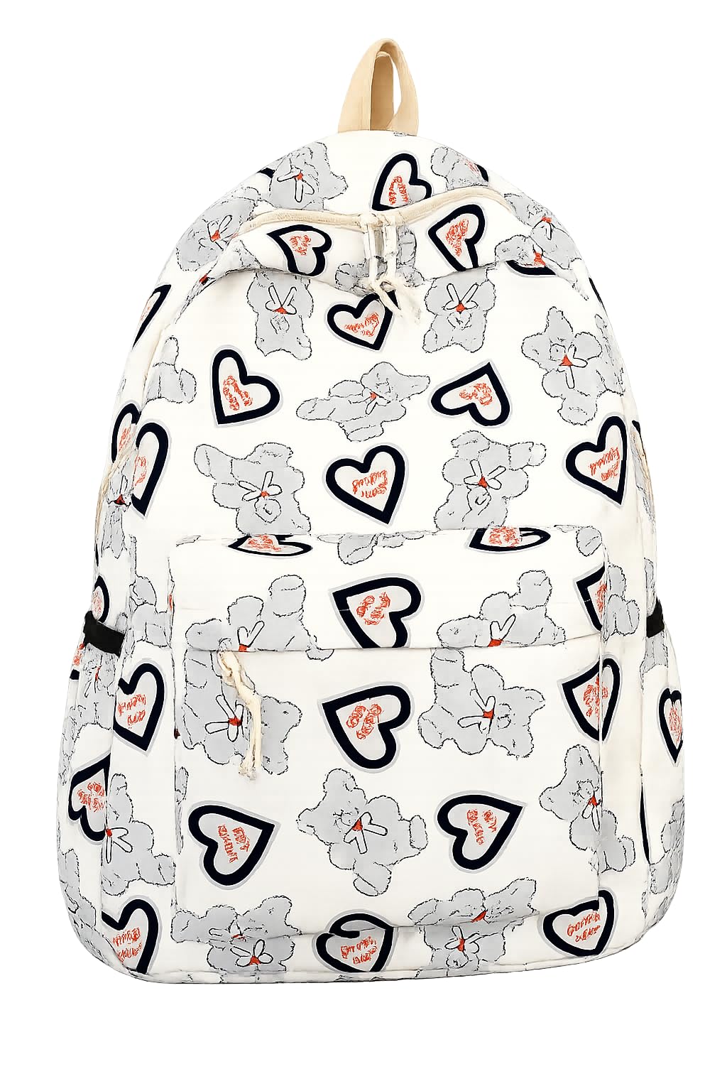 Cute Bear Heart Print Backpack for Girls, White-picture-16
