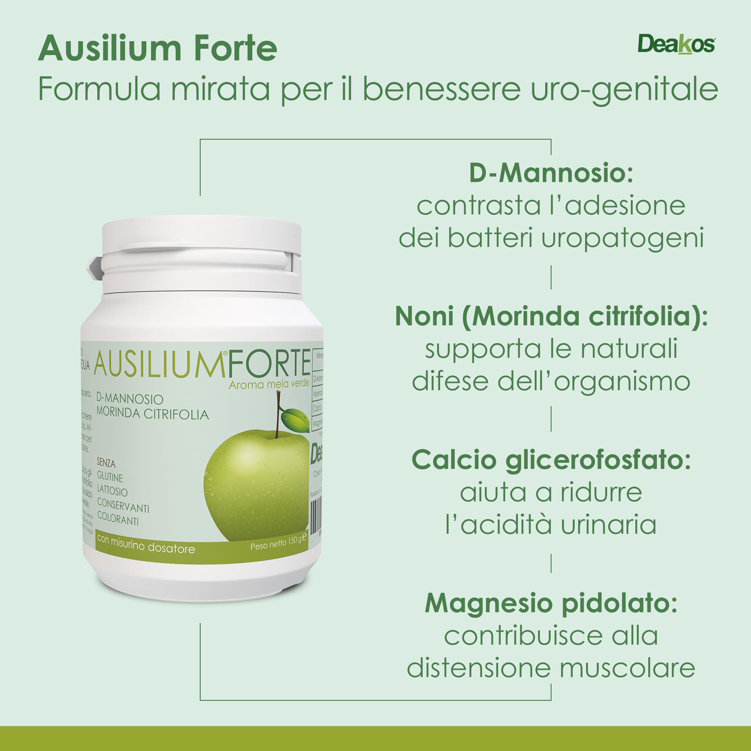 Deakos Ausilium Forte 150g - Integratore Cistite Donna e Benessere delle Vie Urinarie - In Polvere Gusto Mela Verde - A base di D Mannosio Puro e Morinda Citrifolia - Senza Glutine e Lattosio