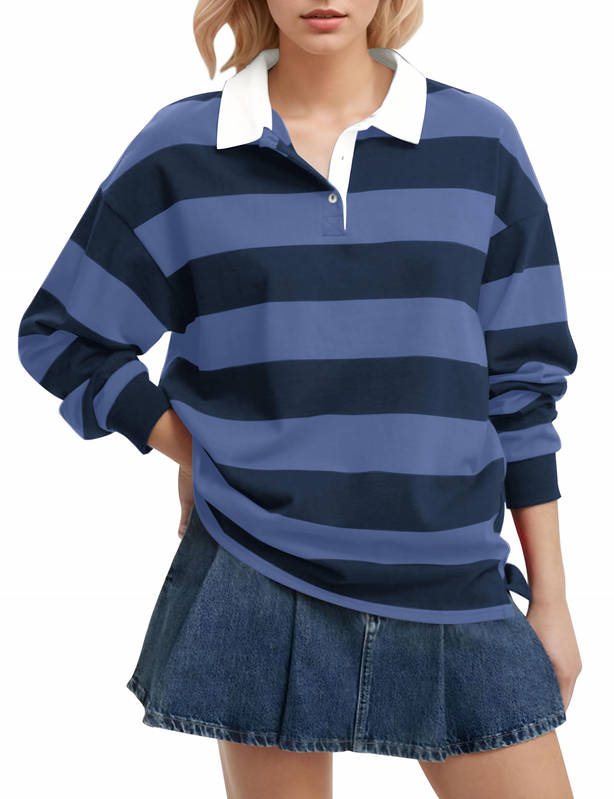 Meladyan Rugby Shirt Women Polo Striped Sweatshirt Oversized Long Sleeve Lapel V Neck Pullover Top Y2K Streetwear Blouses