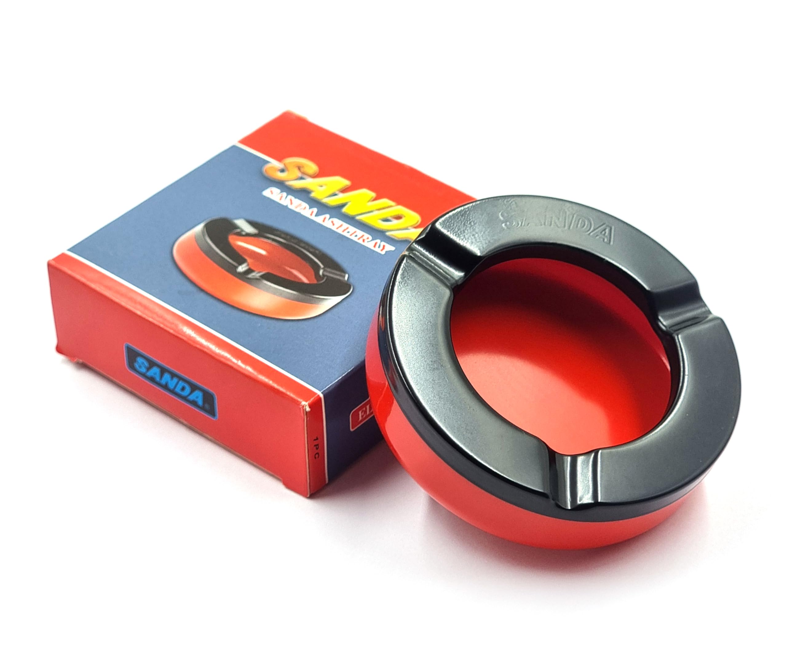 Sanda Modern Round Shape Ashtray, Dual Tone Color Construction, Metal Black Wide Rim and Melamine Red Base-image-18