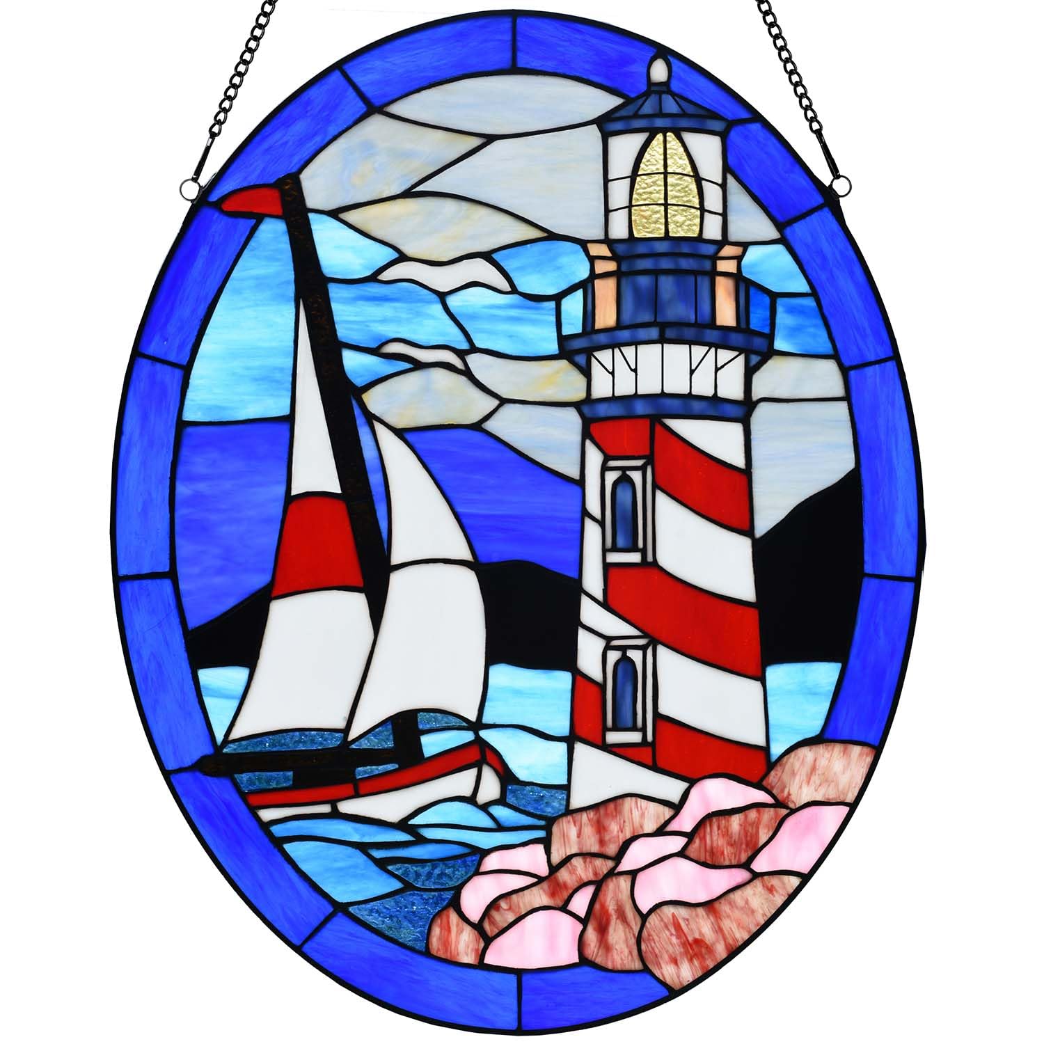 Bieye W10099 Lighthouse Sailboat Tiffany Style Stained Glass Window Panel for Home Decor