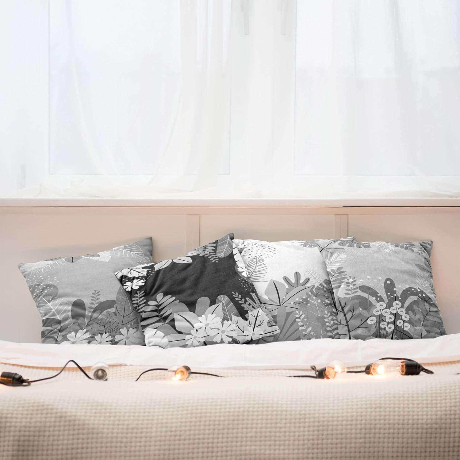 Ambesonne Botanic Throw Pillow Cushion Case Pack of 4, Autumn Foliage Big Exotic Leaves Daisy Flower Foliage of Forest Artwork, Modern Accent Double-Sided Printing, 20" x 12", Pale Grey White