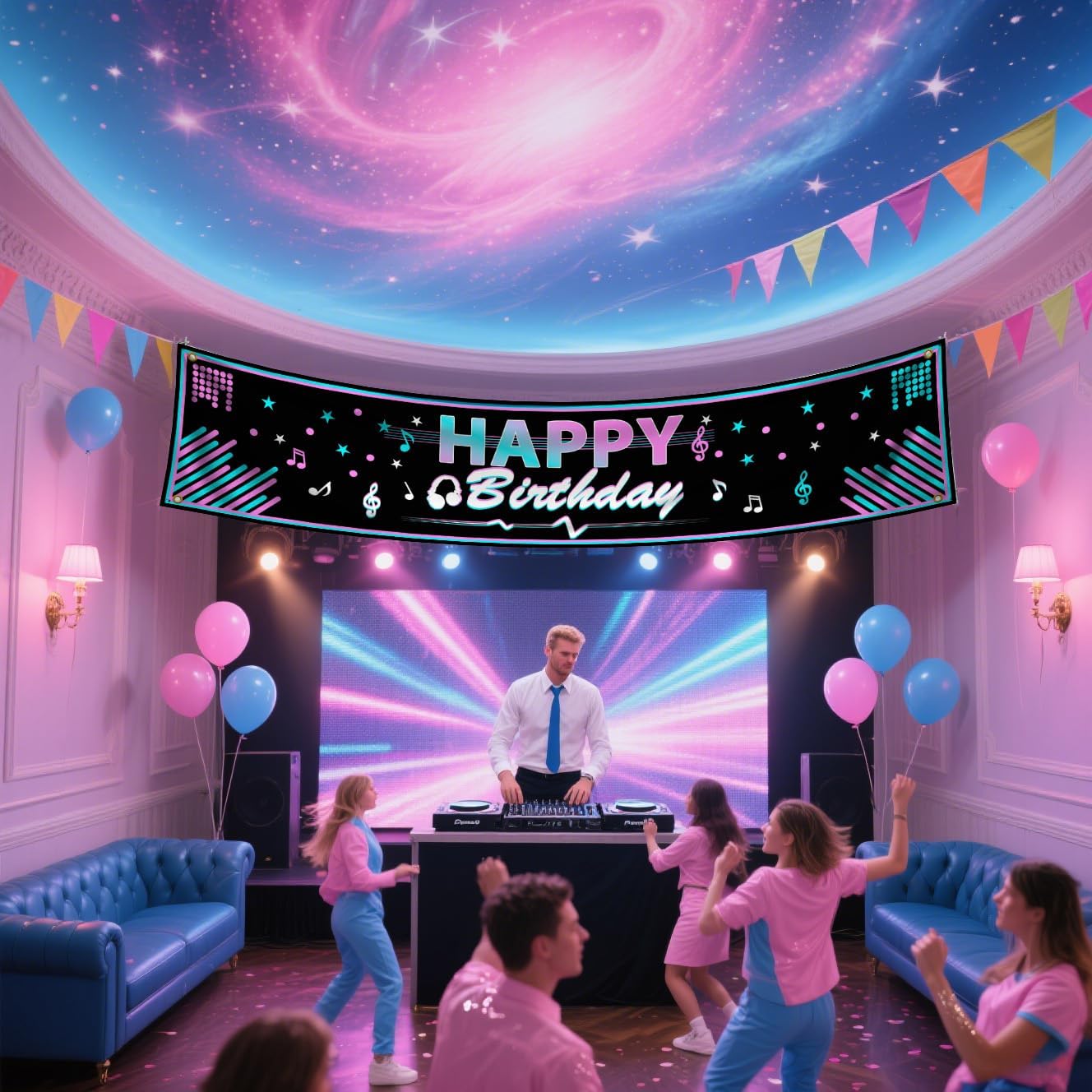 Music Happy Birthday Banner Music Themed Yard Banner DJ Yard Sign Rock and Roll Happy Birthday Backdrop Popular Musical Theme Birthday Party Photo props image 4