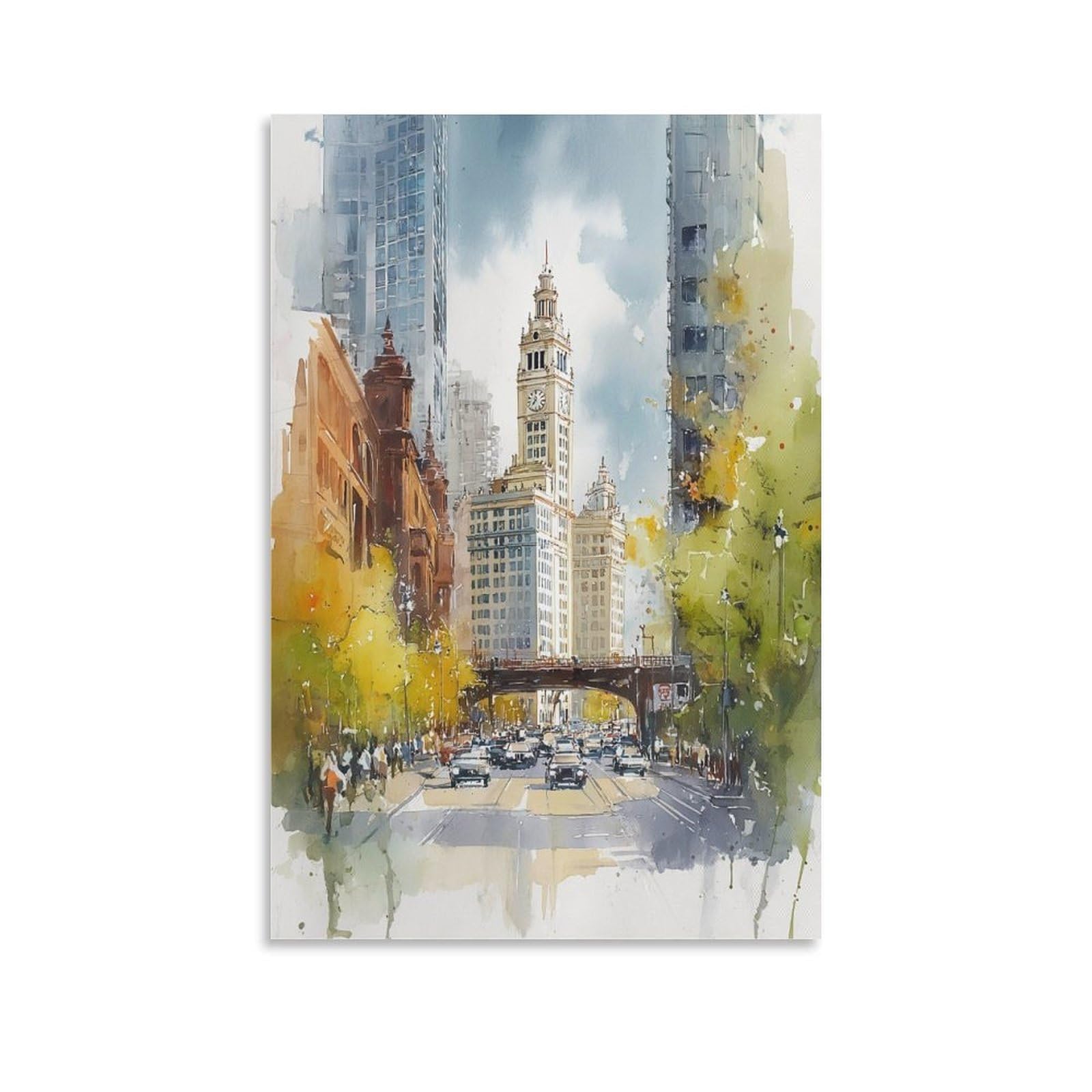 LCYNNH Chicago Watercolor Print_ Vintage Illinois Travel Poster 24x36inch(60x90cm) Print Home Bedroom Office Living Room Decor Canvas