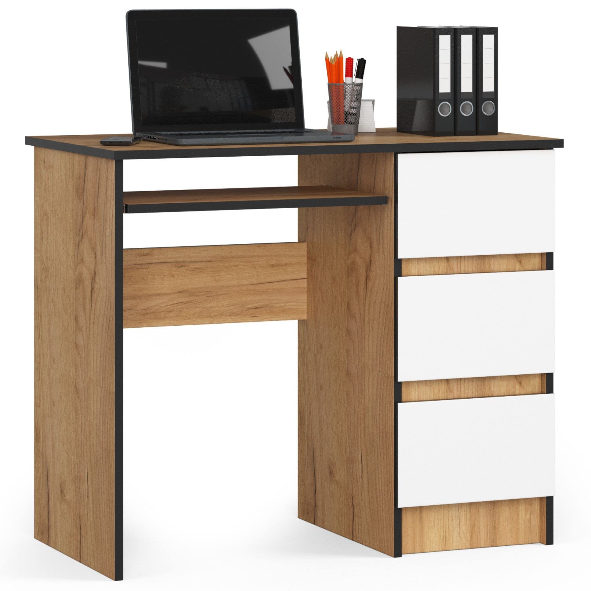 AKORD - Escritorio de ordenador A-6 con tablet teclado | 90 x 77 x 50 cm 30 kg | 3 cajones | Escritorio pequeño PC Mesa | Roble Artisanal/Blanco
