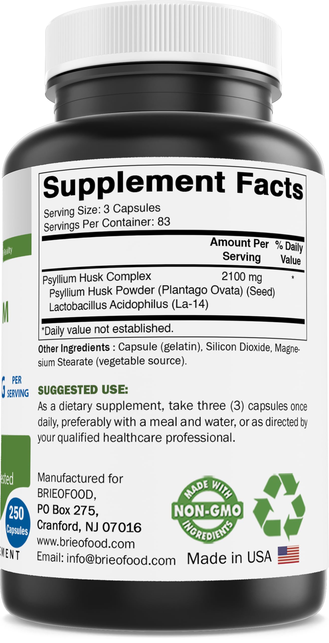Brieofood Psyllium Husk Fiber Supplement with Lactobaciilus Acidophillus (La-14) - 2100mg per Serving - 250 Capsules - Helps Support Digestion, INTESTINAL Health & Regularity — Amazon image 8