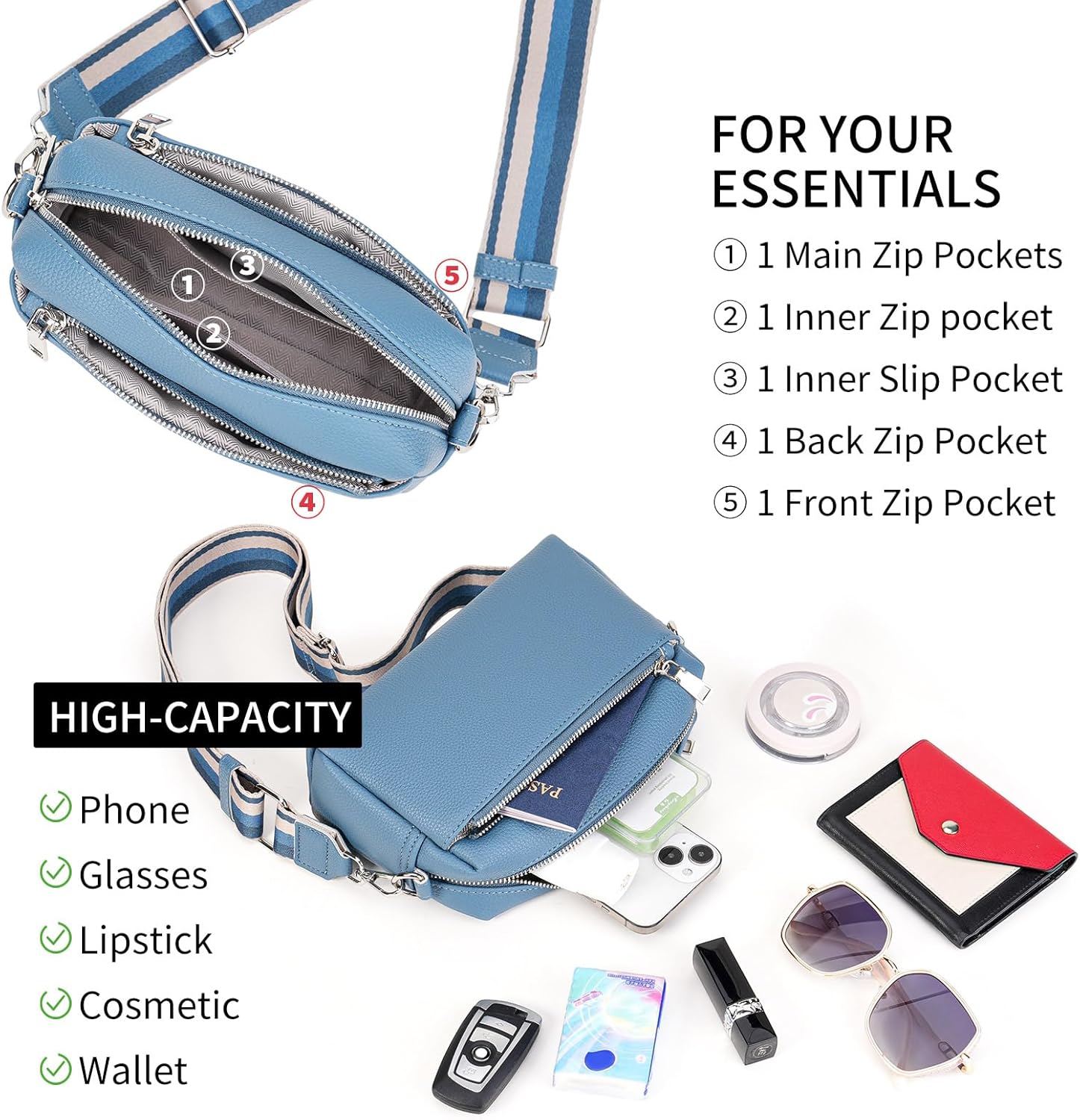 FALAN MULE Small Crossbody Bags for Women Pu Leather Triple Zip Cell Phone Handbag with Adjustable Shoulder Strap - Image 4