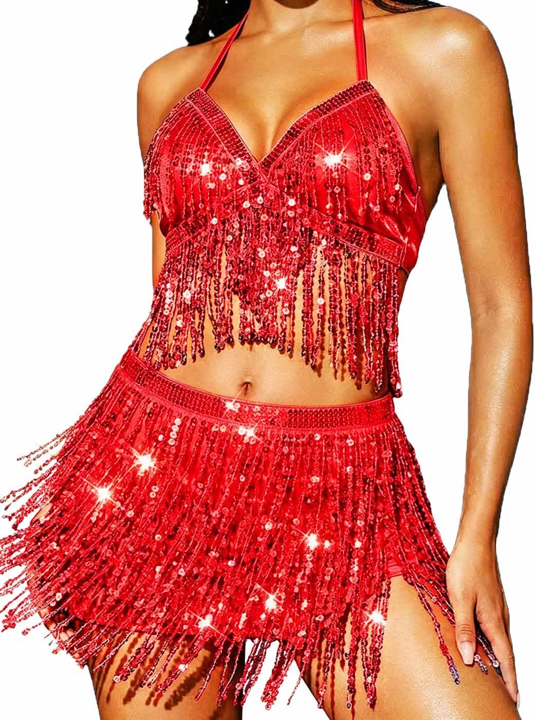 REETAN Sequin Belly Dance Bra Top Skirt Mermaid Rave Outfit for Women