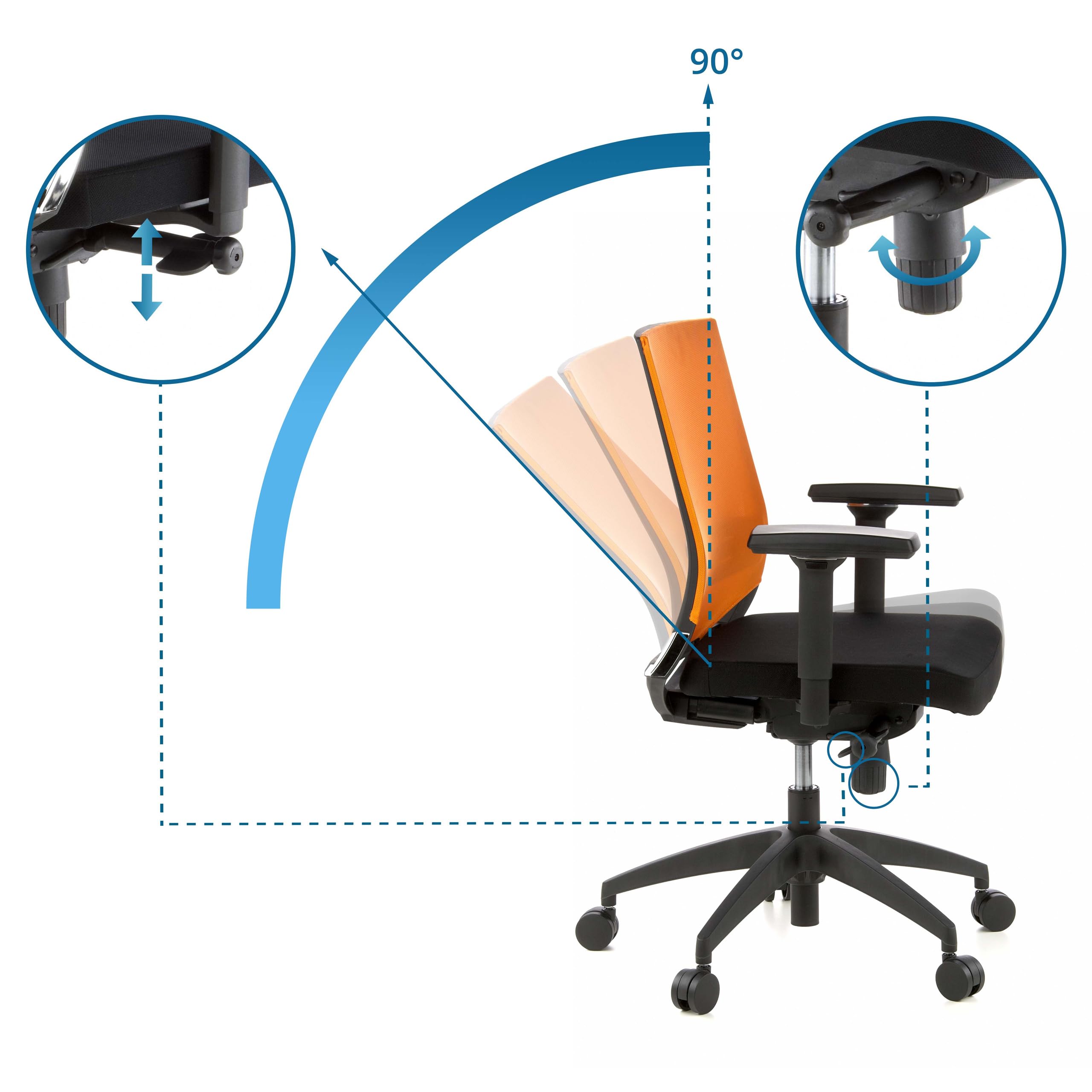 HJH Office 657232 Profesjonalne krzesło biurowe PORTO BASE tkanina/siatka pomarańczowe ergonomiczne krzesło obrotowe, regulowane podłokietniki i podparcie lędźwiowe