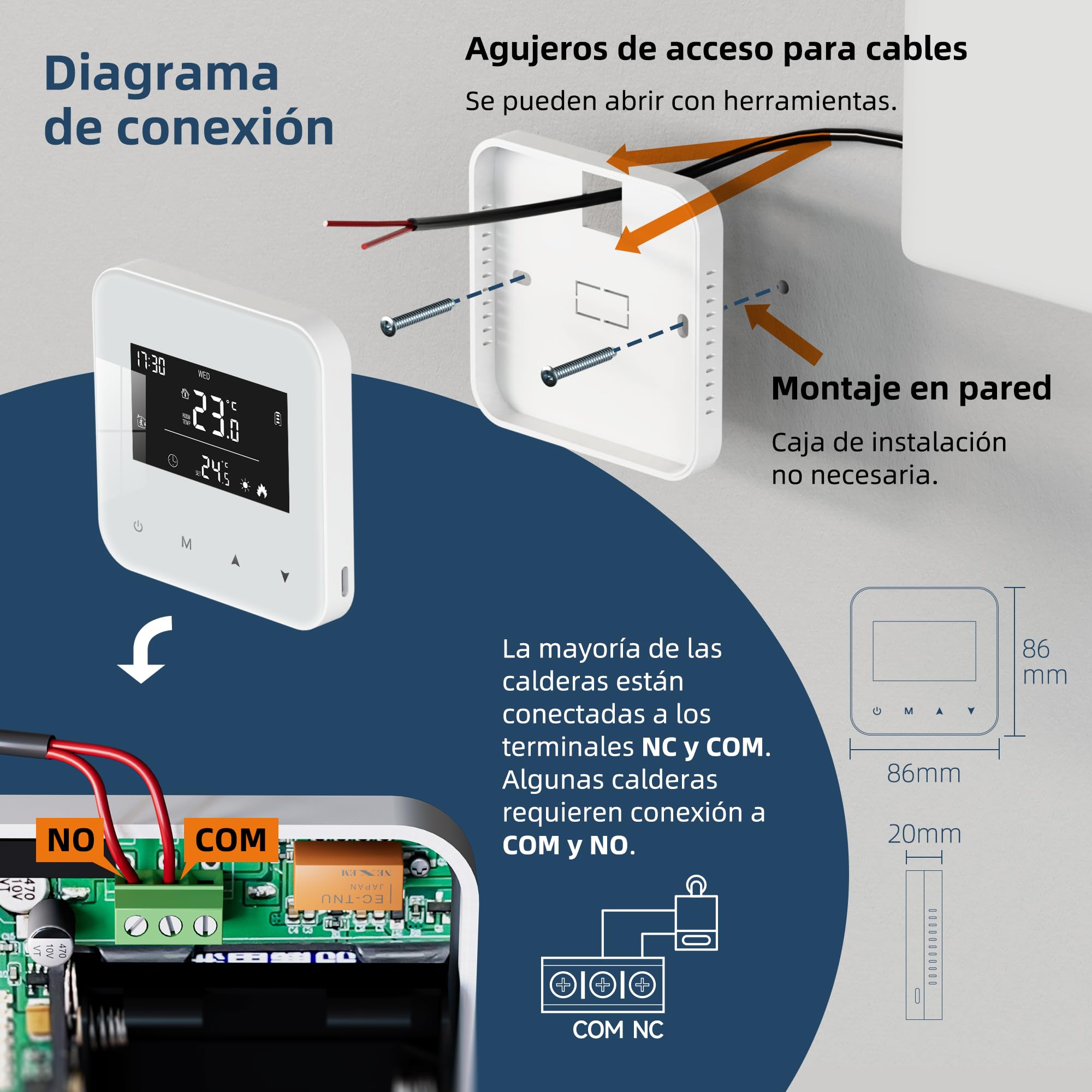 Termostato para calderas de Gas, Alimentado por Pilas, con Pantalla táctil. Termostato de Pilas de Dos Cables.Blanco 3A R3W
