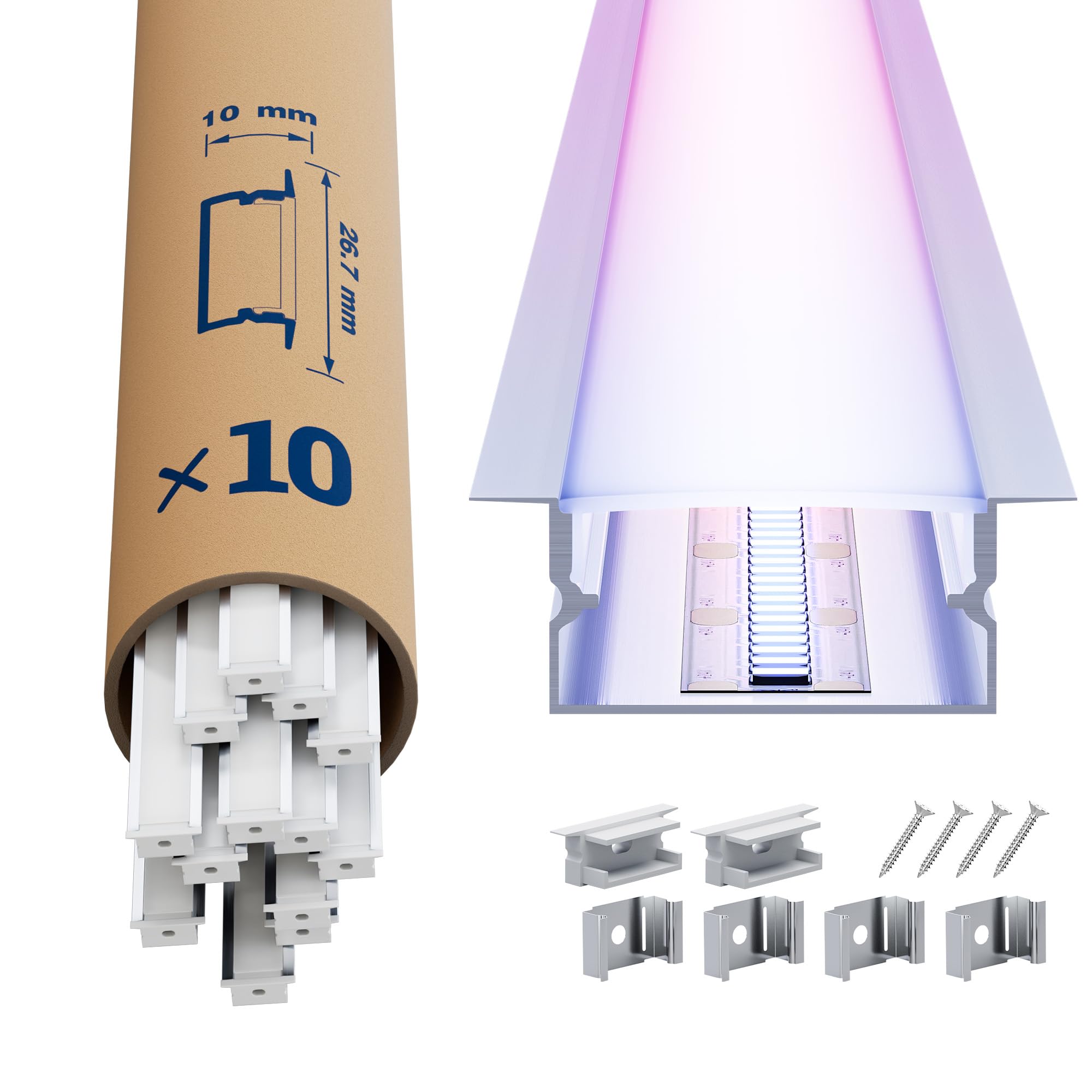 LED Aluminium Profil 10 × 2m – U-Form Aluprofil mit weißer Abdeckung – Alu Leiste für Lichtstreifen bis 16.7 mm - 26,7 x 10mm - Led Profile Schiene Kanäle Leiste Diffusor