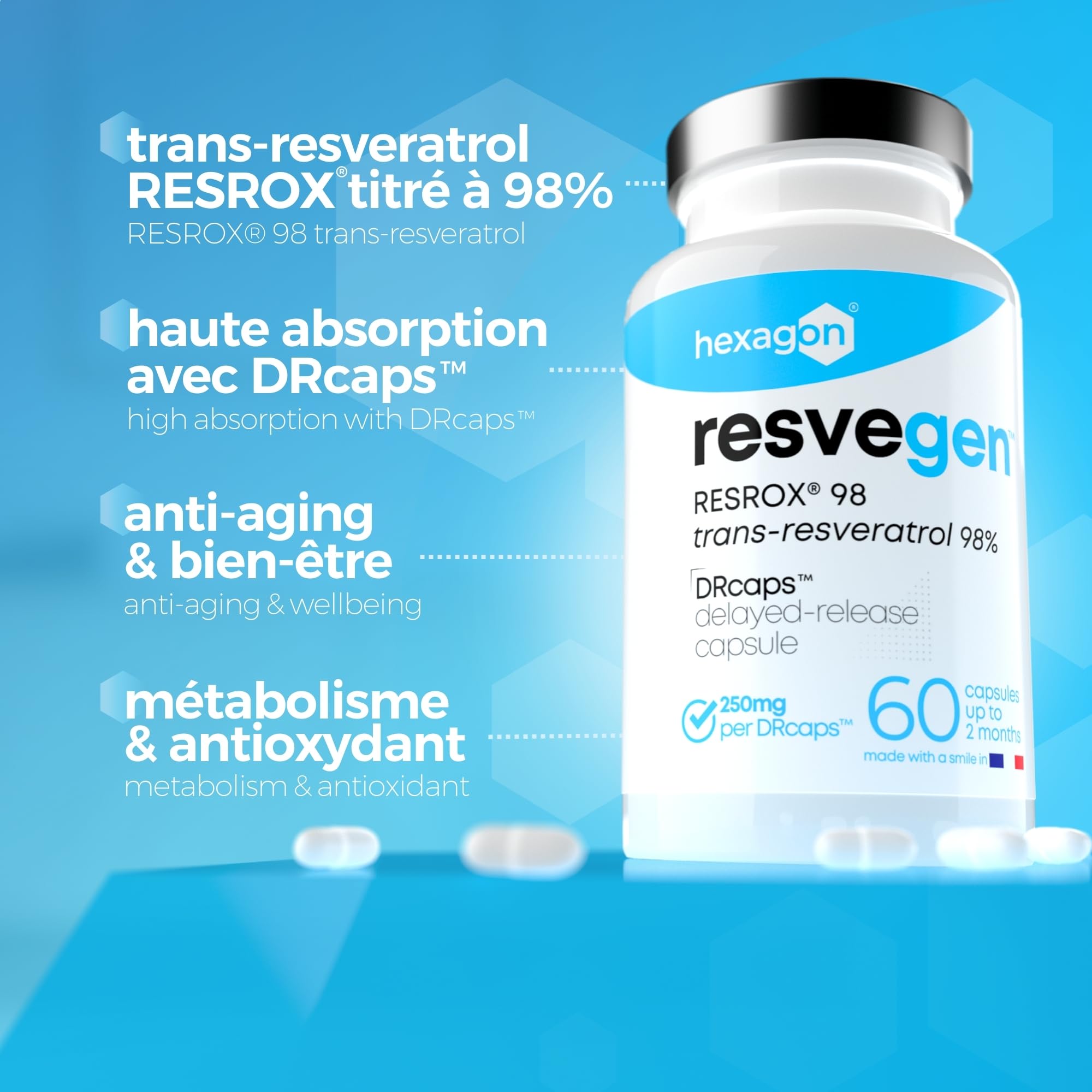 Resveratrol - Trans-Resveratrol 98% labellisé RESROX® - 60 Gélules DRcaps™ Libération Retardée 250mg - Resvegen™ Haute Disponibilité - Antioxydant & Anti-Aging - Fabriqué en France - Vegan - Hexagon
