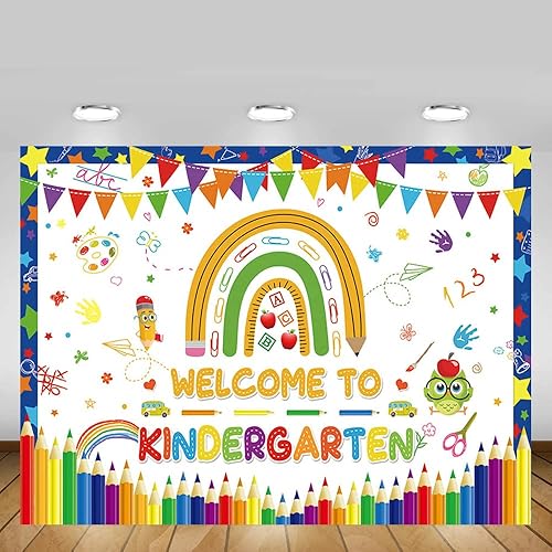 Miniatura 5 de MEHOFOND Cartel de fondo de bienvenida a jardín de infantes de 7 x 5 pies, diseño de arco iris, para regreso a clases, decoración de fiesta de