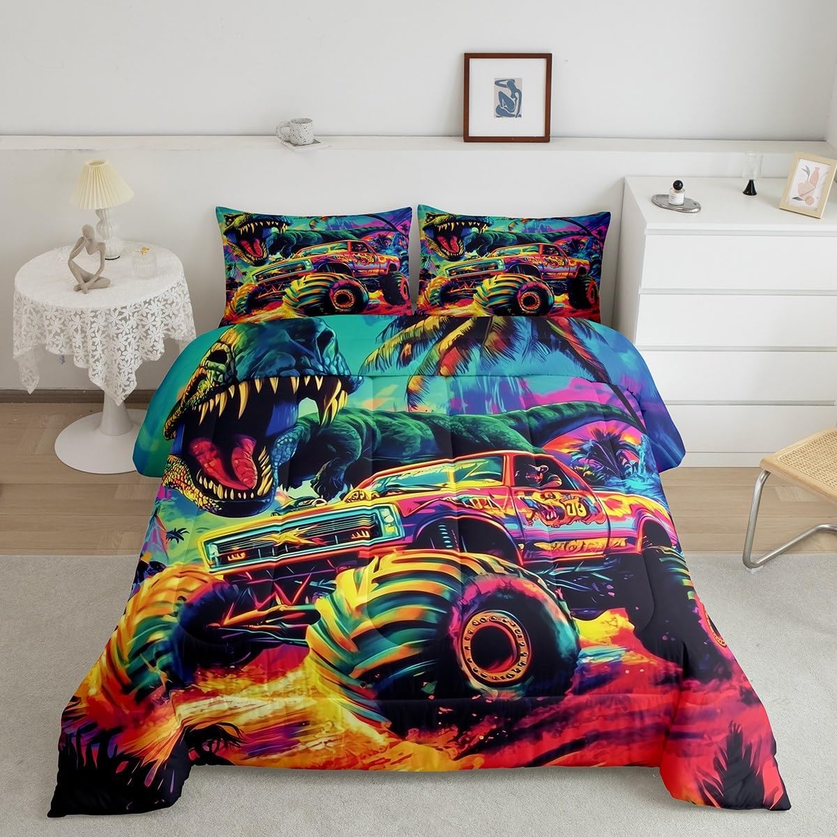 Manfei Retro Train Kids Comforter Set Queen Size,Choochoo Steam Locomotive Train Bedding Set,Boys Girls Room Decor,Starry Sky Arctic Pole Iceberg Down Comforter,Blue Black Duvet Insert,2 Pillowcases