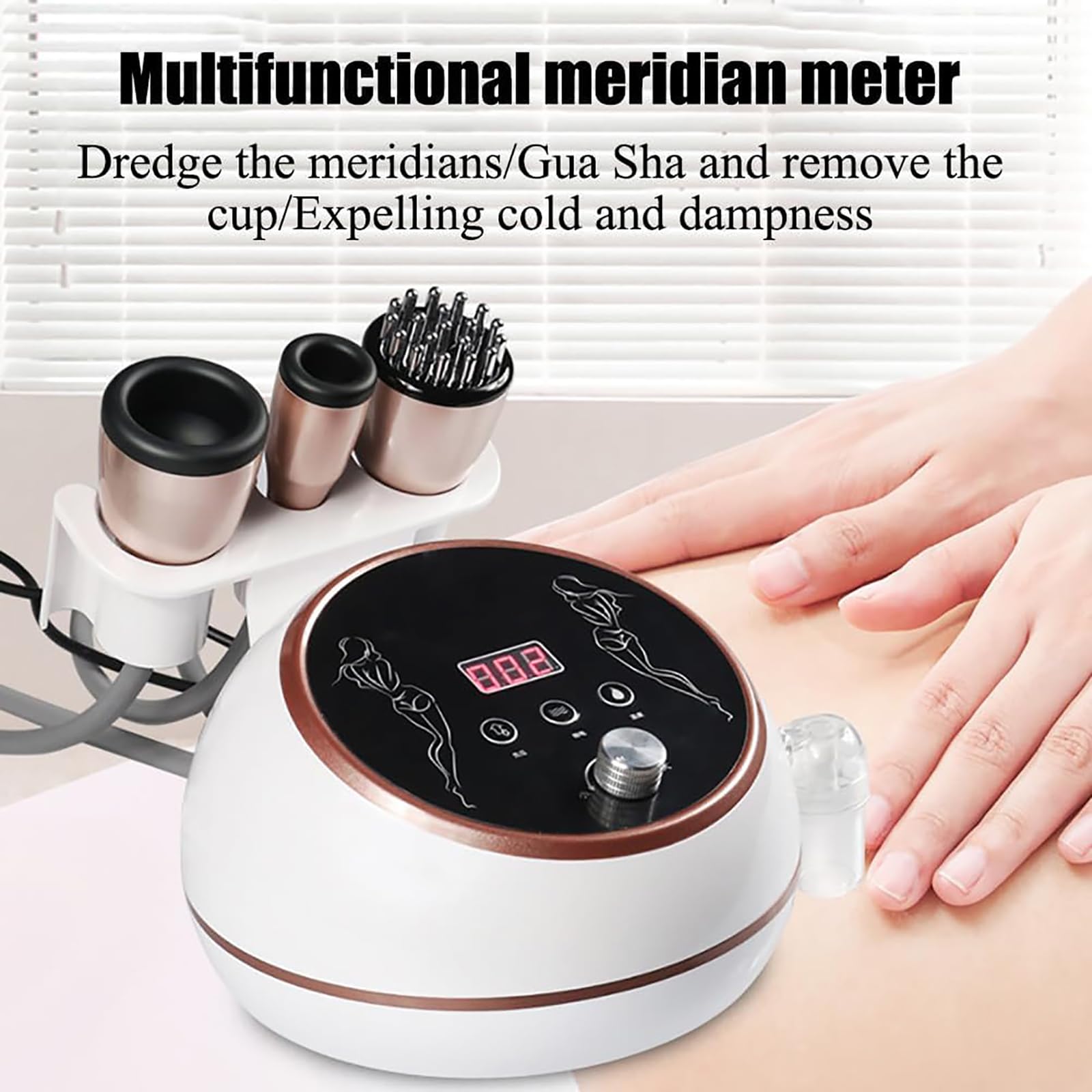 Strumento per Fisioterapia Gua Sha, Coppettatrice Elettrica con 3 Teste, Pressione Negativa: più O Meno 2 Livelli, Corrente/Temperatura: 1-5 Livelli/Regolazione Continua della velocità