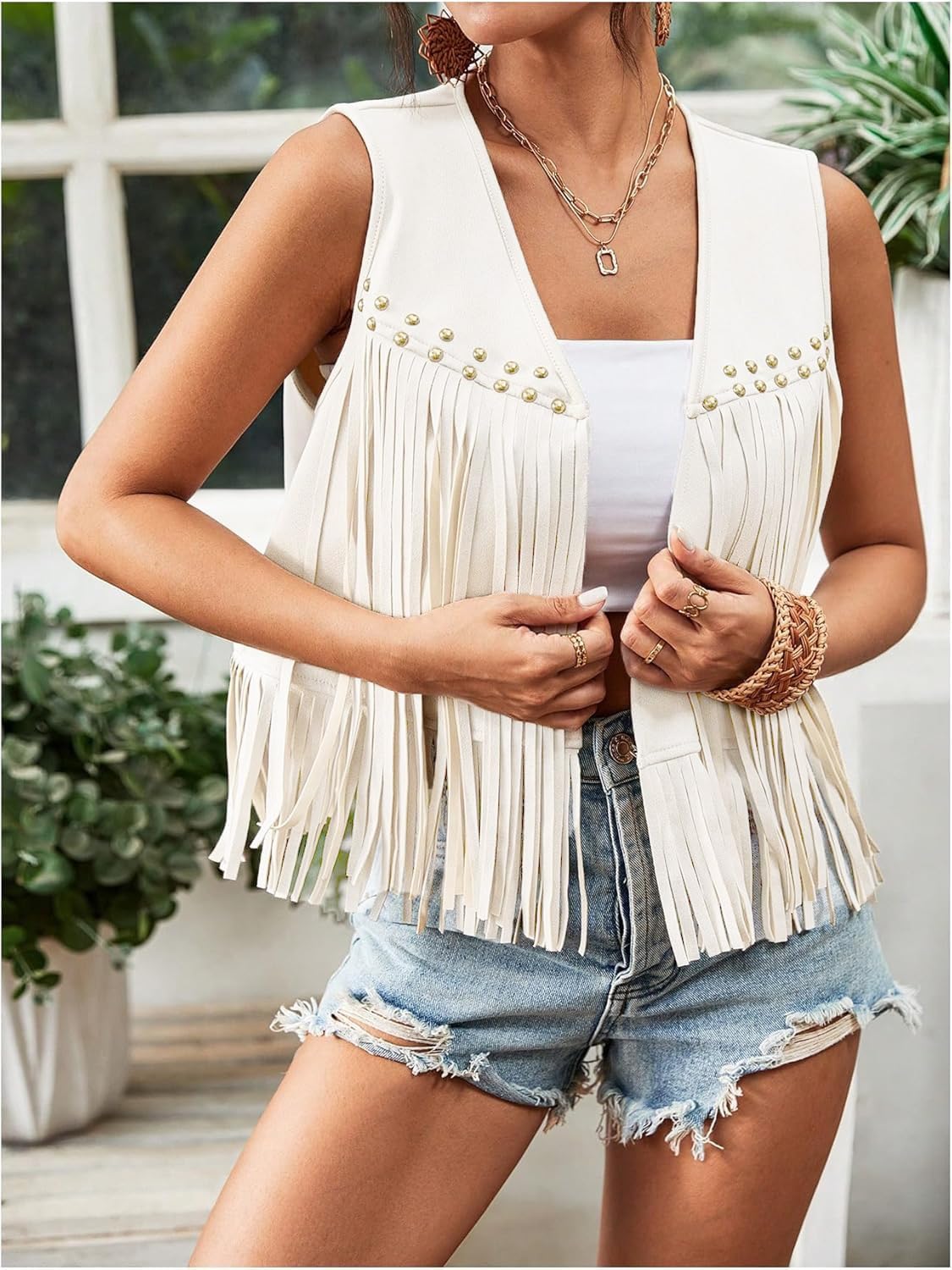 Aopwsrlyi Women's Tassel Fringe Vest Sleeveless Open Front Fringe Tops 70s Hippie Cowgirl Jacket Western Outfits
