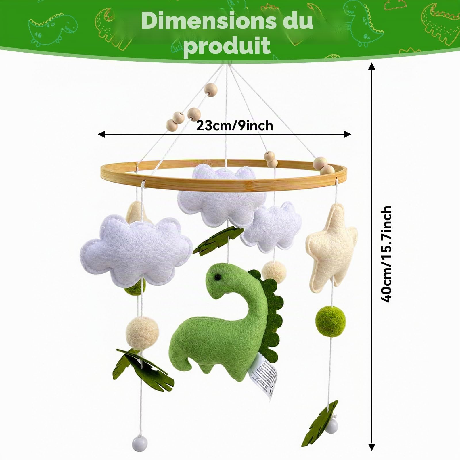 Mobile Bébé Bois Dinosaure, 3D Carillon Eolien pour Lit de Bébé | avec Boules en Feutre, Mobile Lit Bebe avec Étoiles, Nuages et Feuilles, pour Berceaux Garçons et Filles (vert)