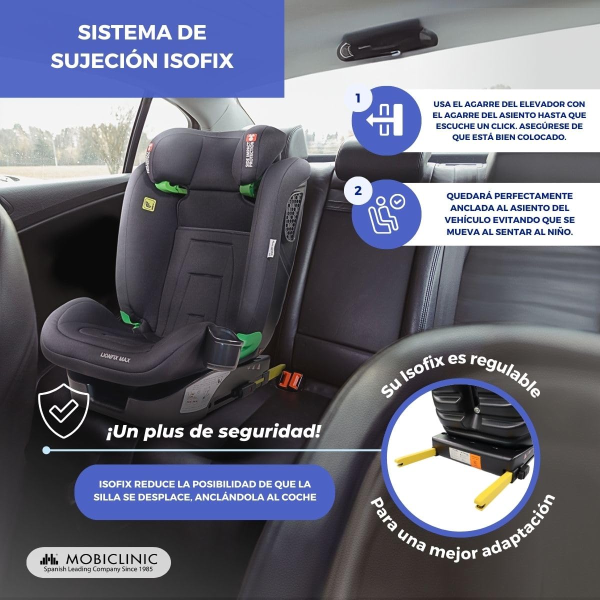 Mobiclinic® kids, Silla de coche, I-size, Isofix, Grupo 2/3, 36kg, 4-12 años, Lionfix max, Evolutiva, 100-150cm, Protección lateral, Reposacabezas regulable, Reclinable 3 posiciones, Portabotellas
