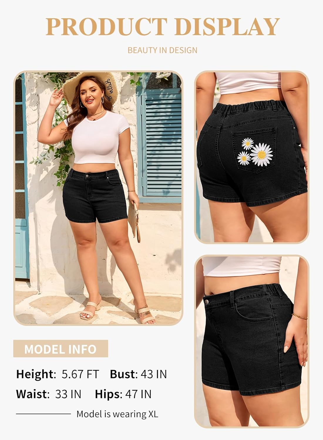Eytino Womens Plus Size Jean Shorts High Waisted Stretchy Daisy Embroidered Denim Shorts with Pockts(1X-5X) - Image 3