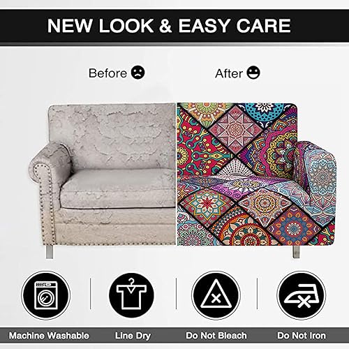 Miniatura 6 de Hosima - Funda estampada con diseño de mandala para sofá de 2 puestos, funda protectora elástica con estampado de patrón floral y estilo bohemio