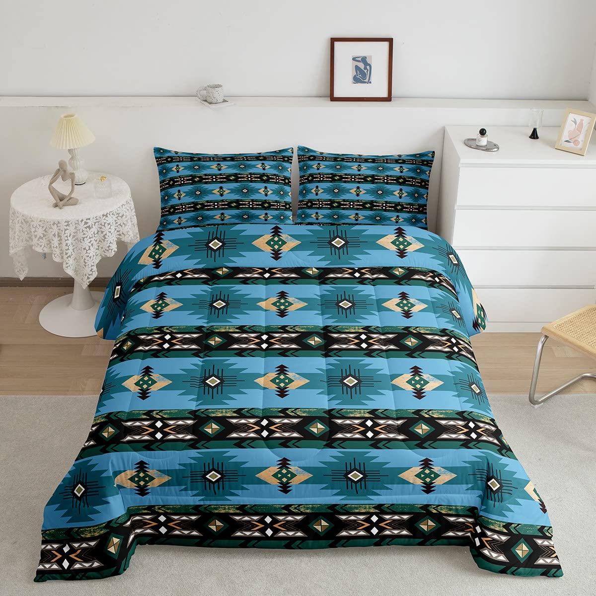 Erosebridal Western Decor,Vintage Exotic Indian Geometry Bedding Set Boho Comforter King,Ethnic Tribal Arrow Quilt Aztec Duvet Insert,Western Home Decor Rustic Farmhouse Bedroom Teal,Multi 18
