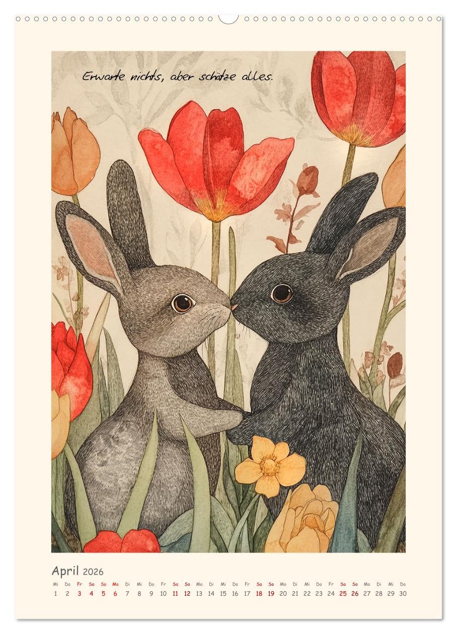 Liebenswerte Tierillustrationen (Wandkalender 2026 DIN A2 hoch), CALVENDO Monatskalender: Gezeichnete Tierdarstellungen und herzige Sprüche - KI generiert (CALVENDO Tiere)